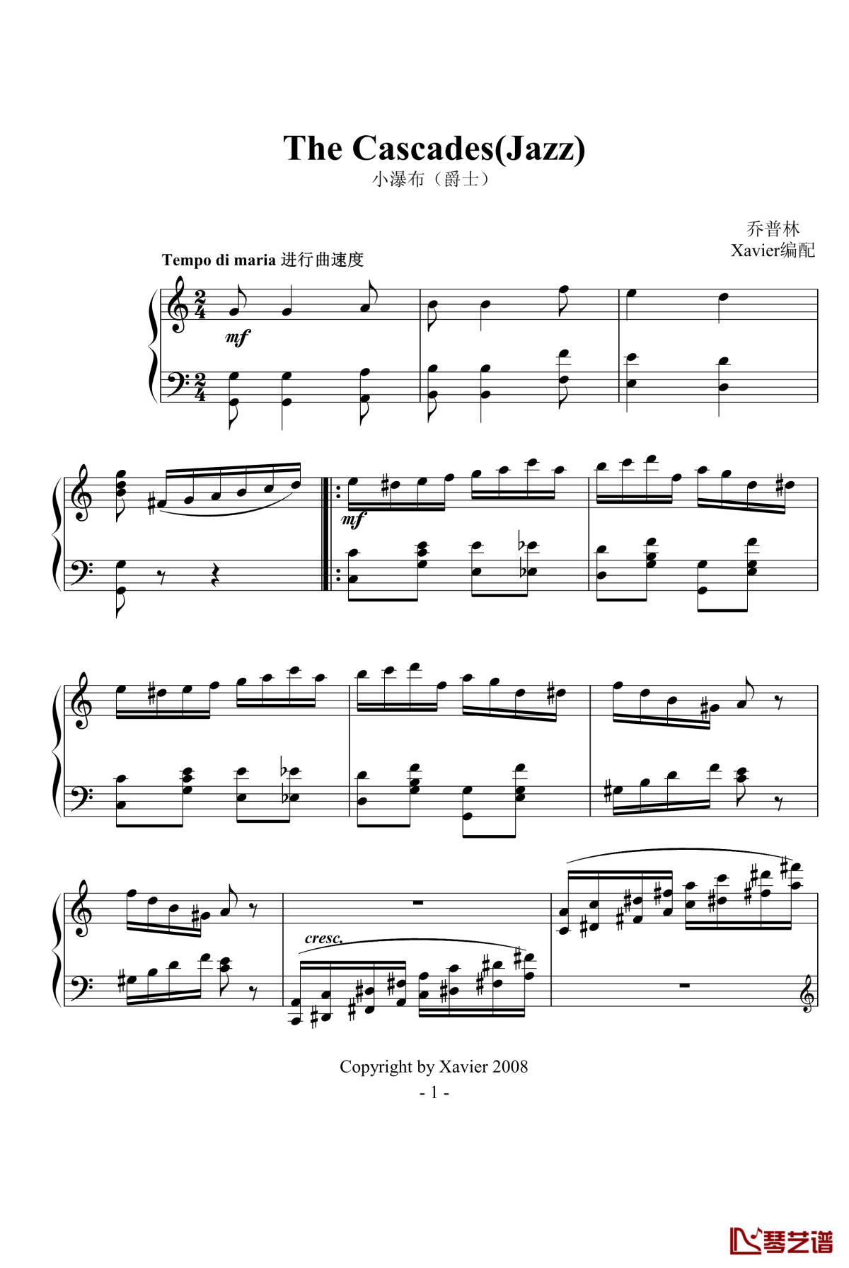 小瀑布钢琴谱-the cascades(jazz)-爵士-scott joplin1