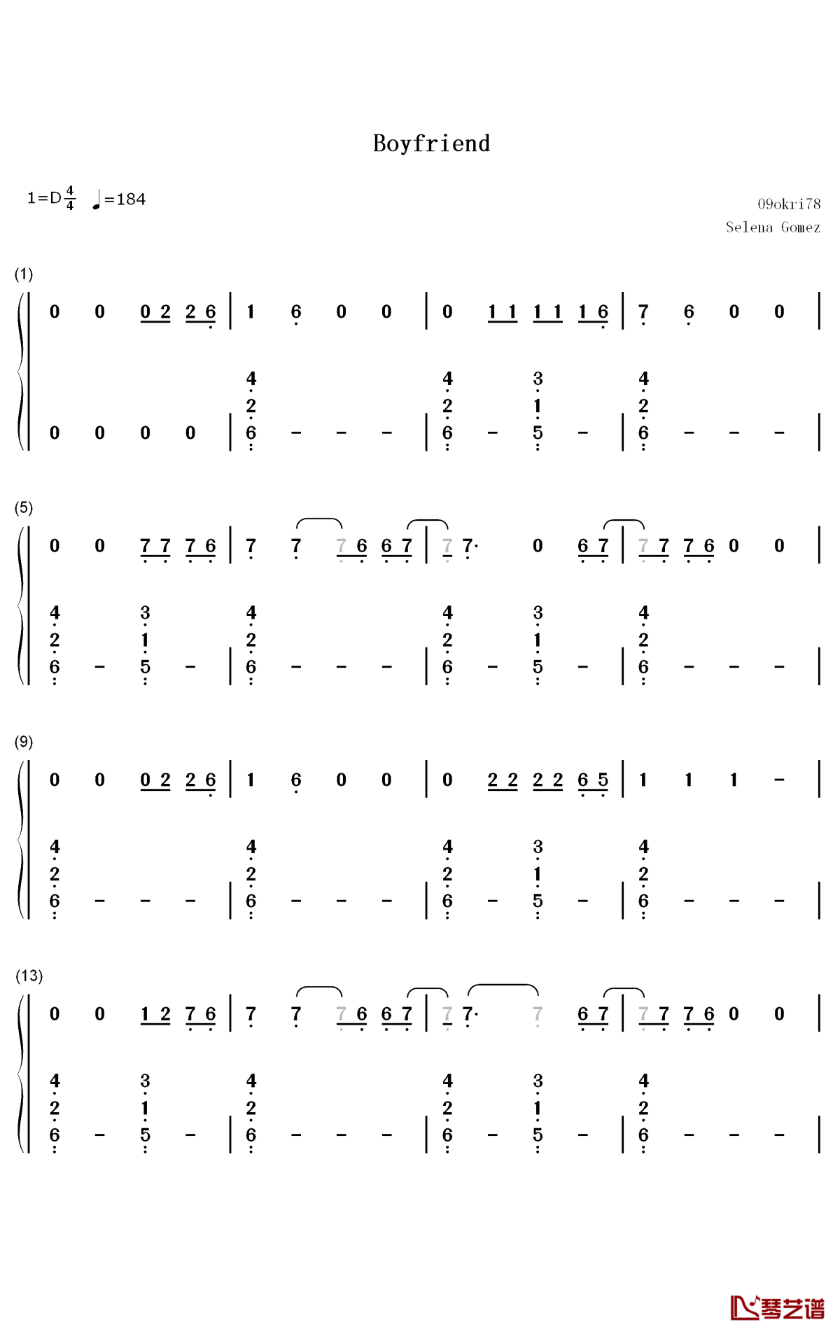 boyfriend钢琴简谱-数字双手-selena gomez1