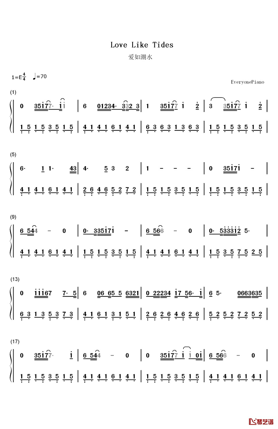 爱如潮水钢琴简谱-数字双手-张信哲1