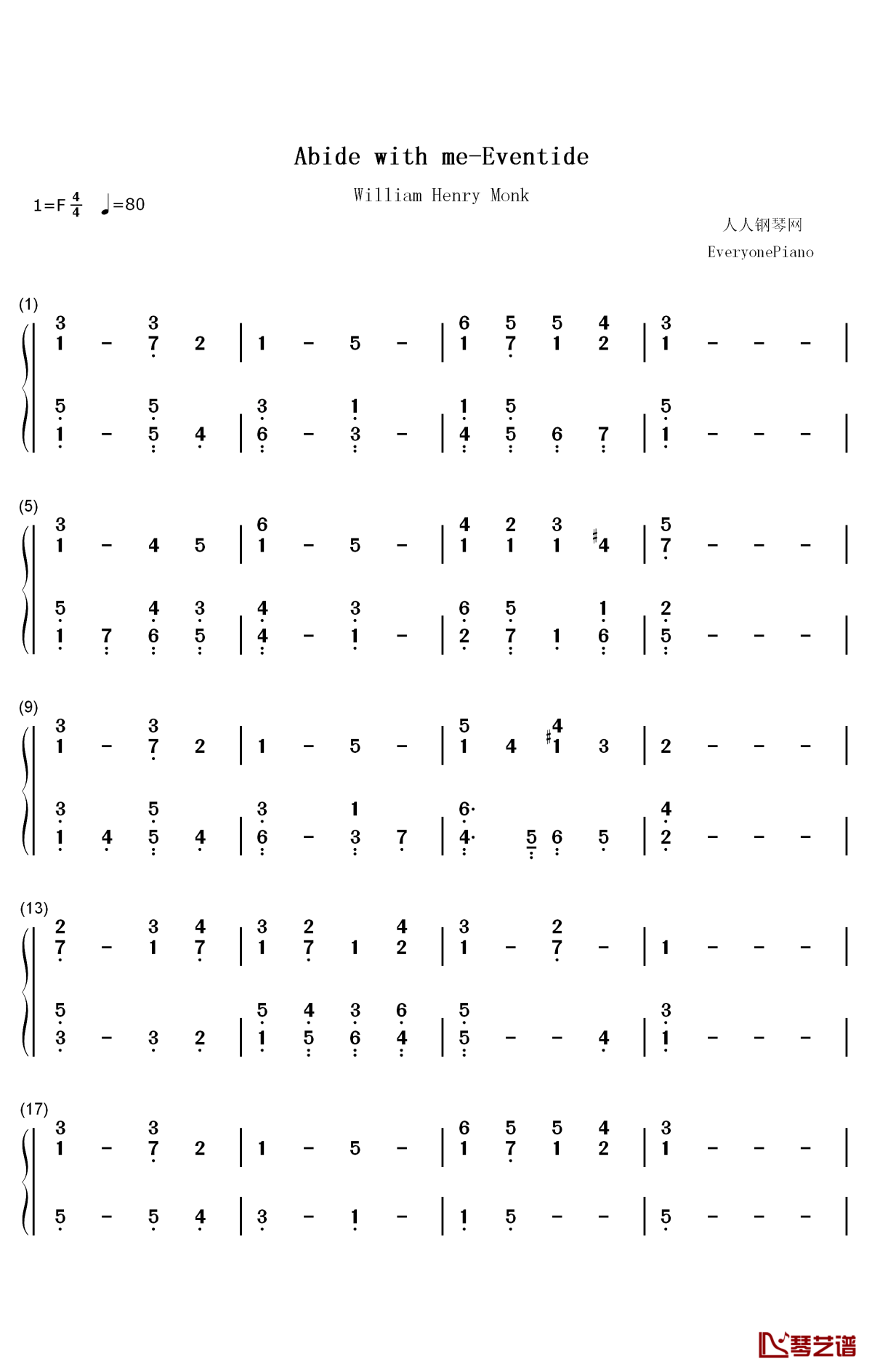 abide with me钢琴简谱-数字双手-william henry monk1