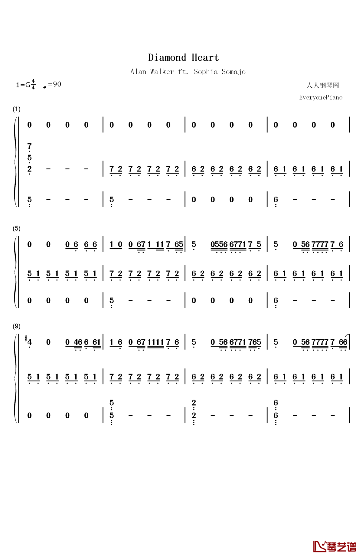 diamond heart钢琴简谱-数字双手-alan walker sophia somajo1