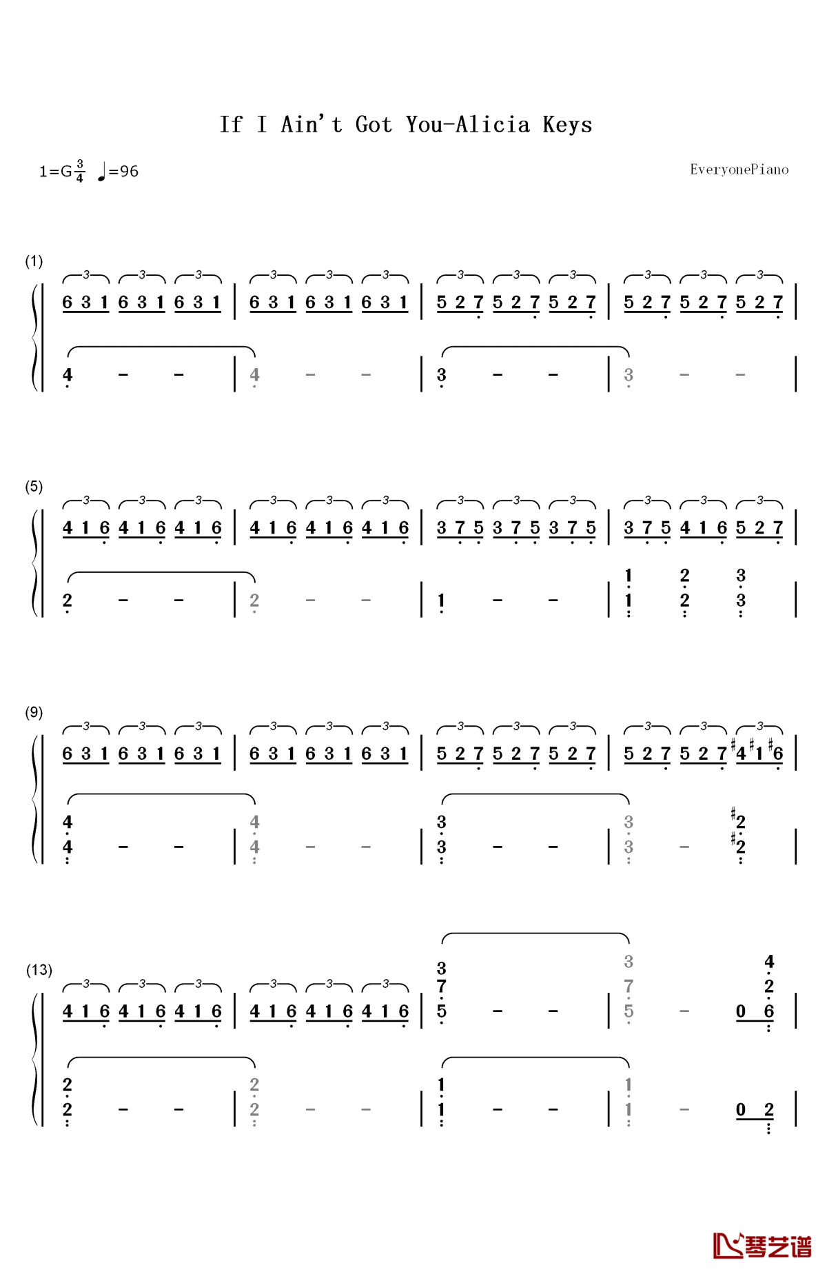 if i ain't got you钢琴简谱-数字双手-alicia keys1