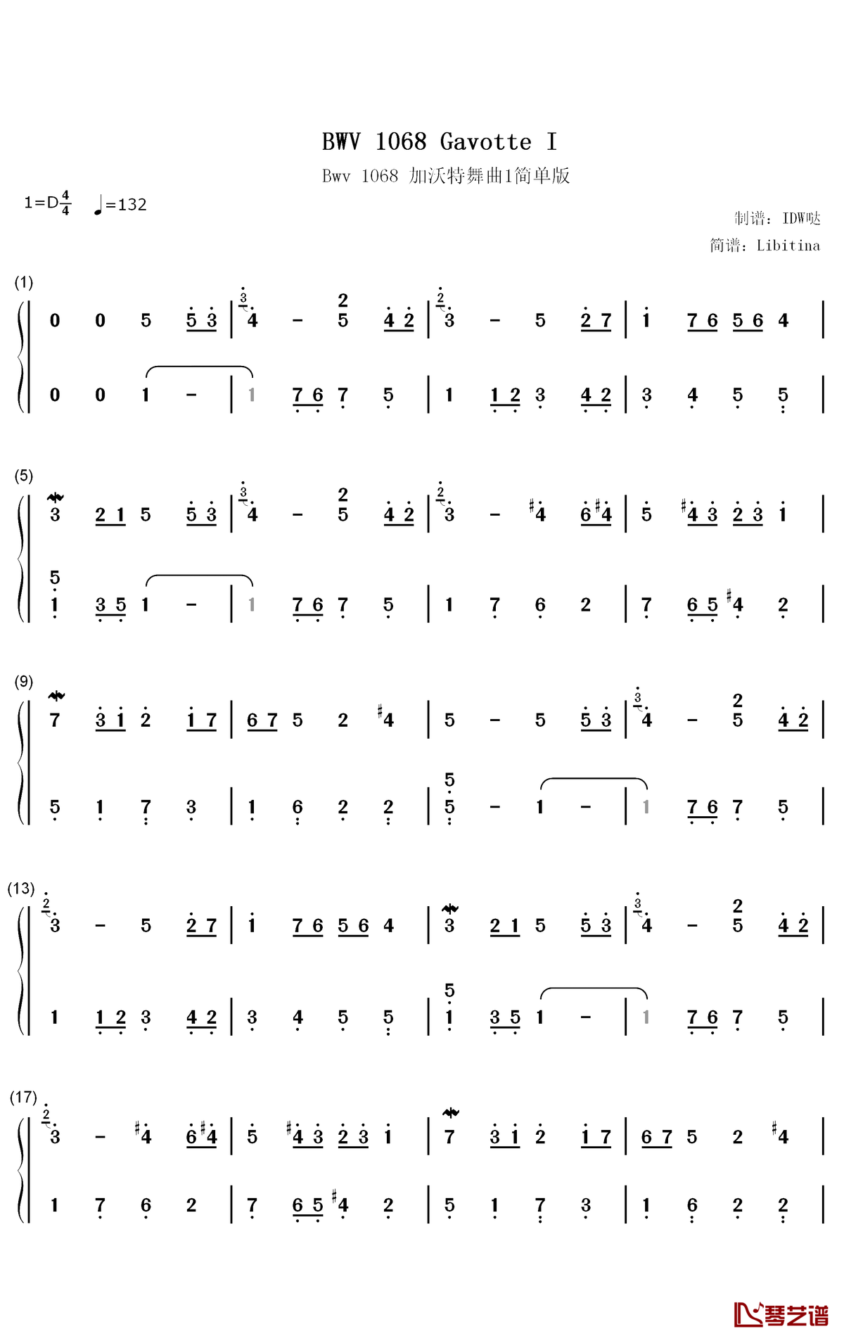 bwv 1068简谱-巴赫歌曲-数字双手曲谱1