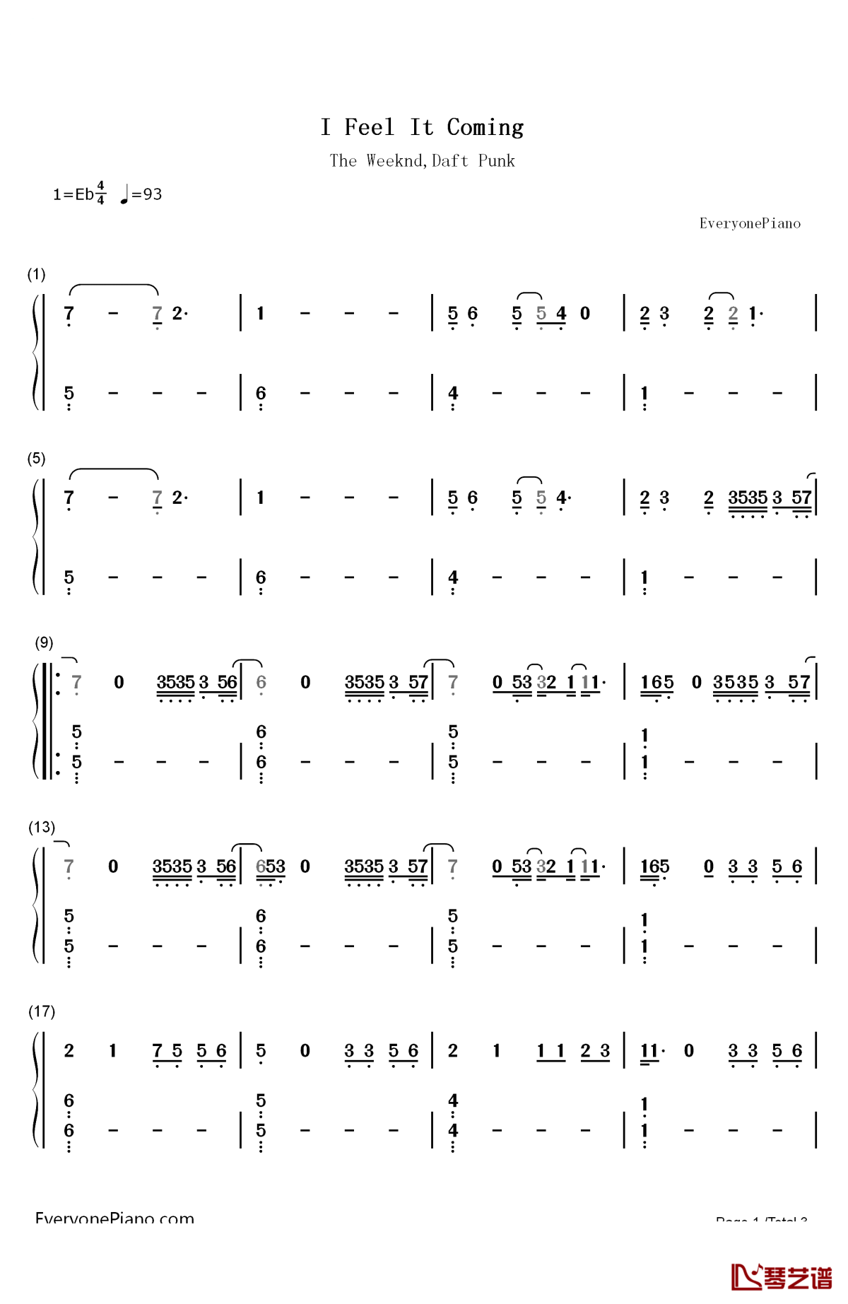 i feel it coming钢琴简谱-数字双手-the weeknd daft punk1