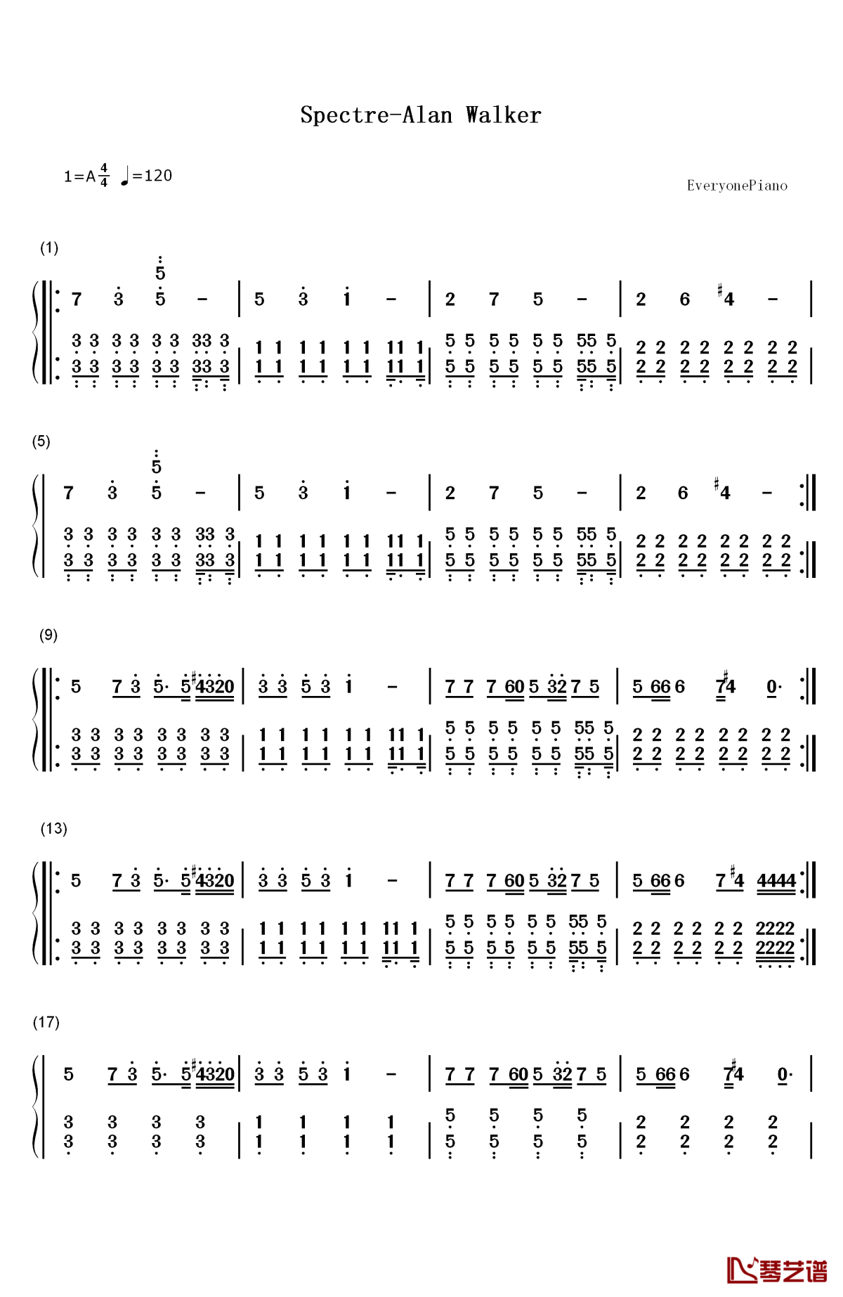 spectre钢琴简谱-数字双手-alan walker1