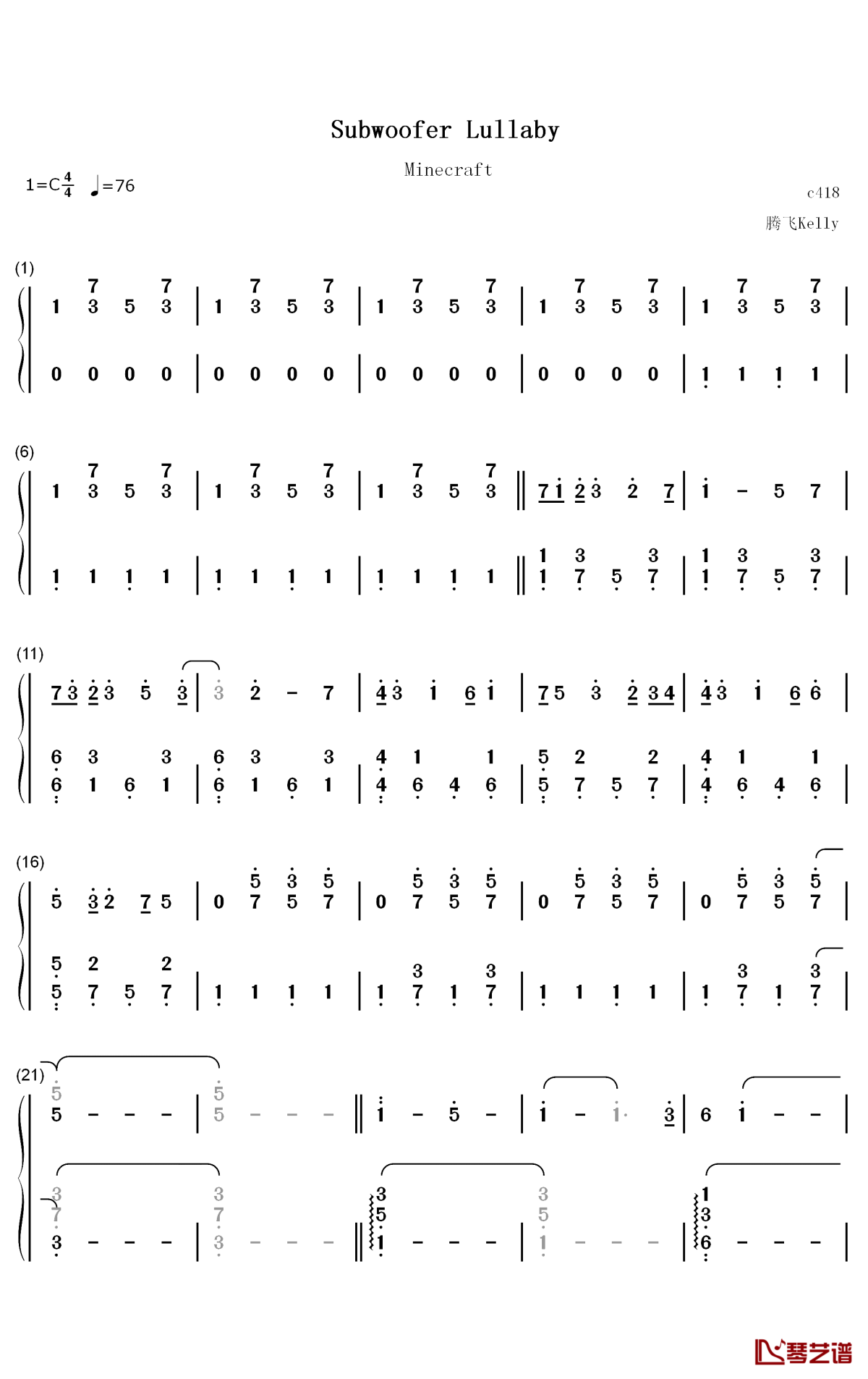subwoofer lullaby简谱-c418歌曲-数字双手曲谱1