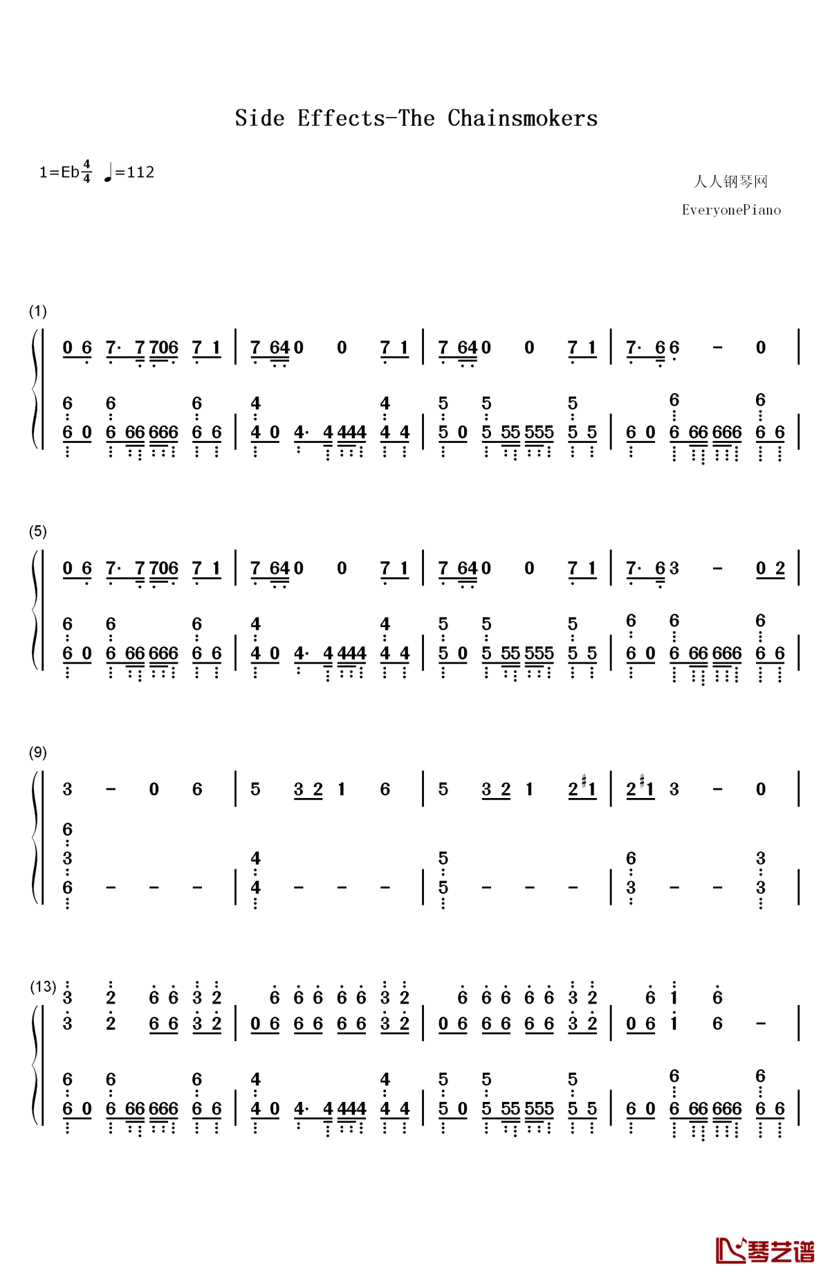 side effects钢琴简谱-数字双手-the chainsmokers emily warren1