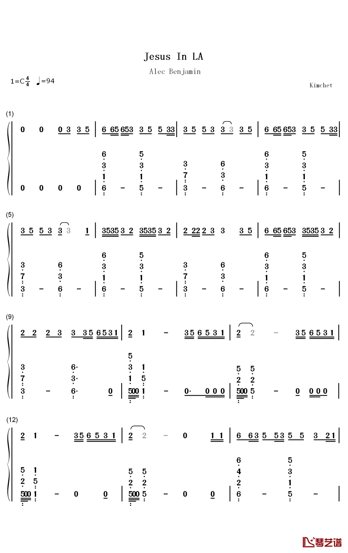 jesus in la钢琴简谱-数字双手-alec benjamin1