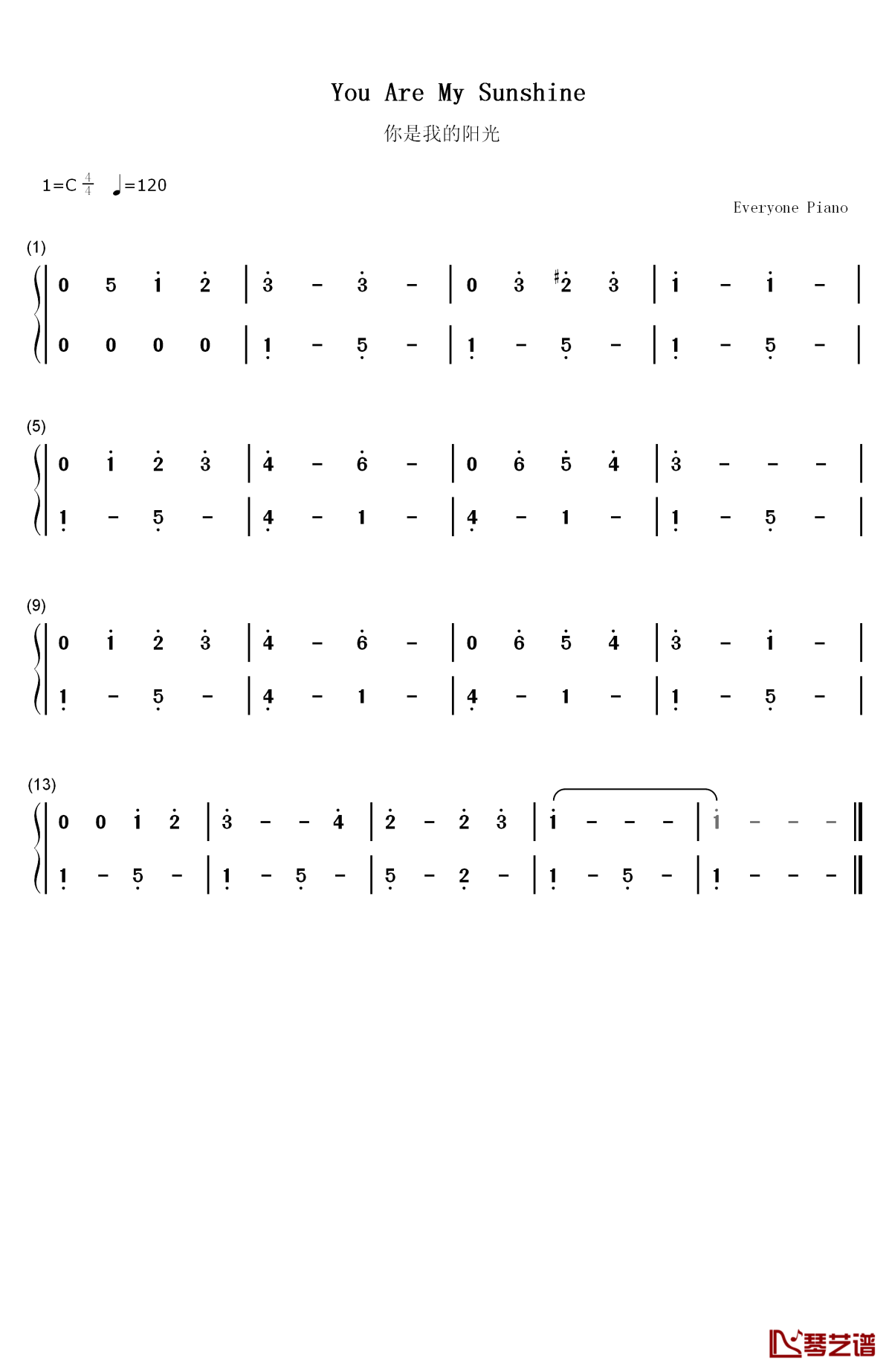 you are my sunshine超简单版钢琴简谱-数字双手-jimmie davis1