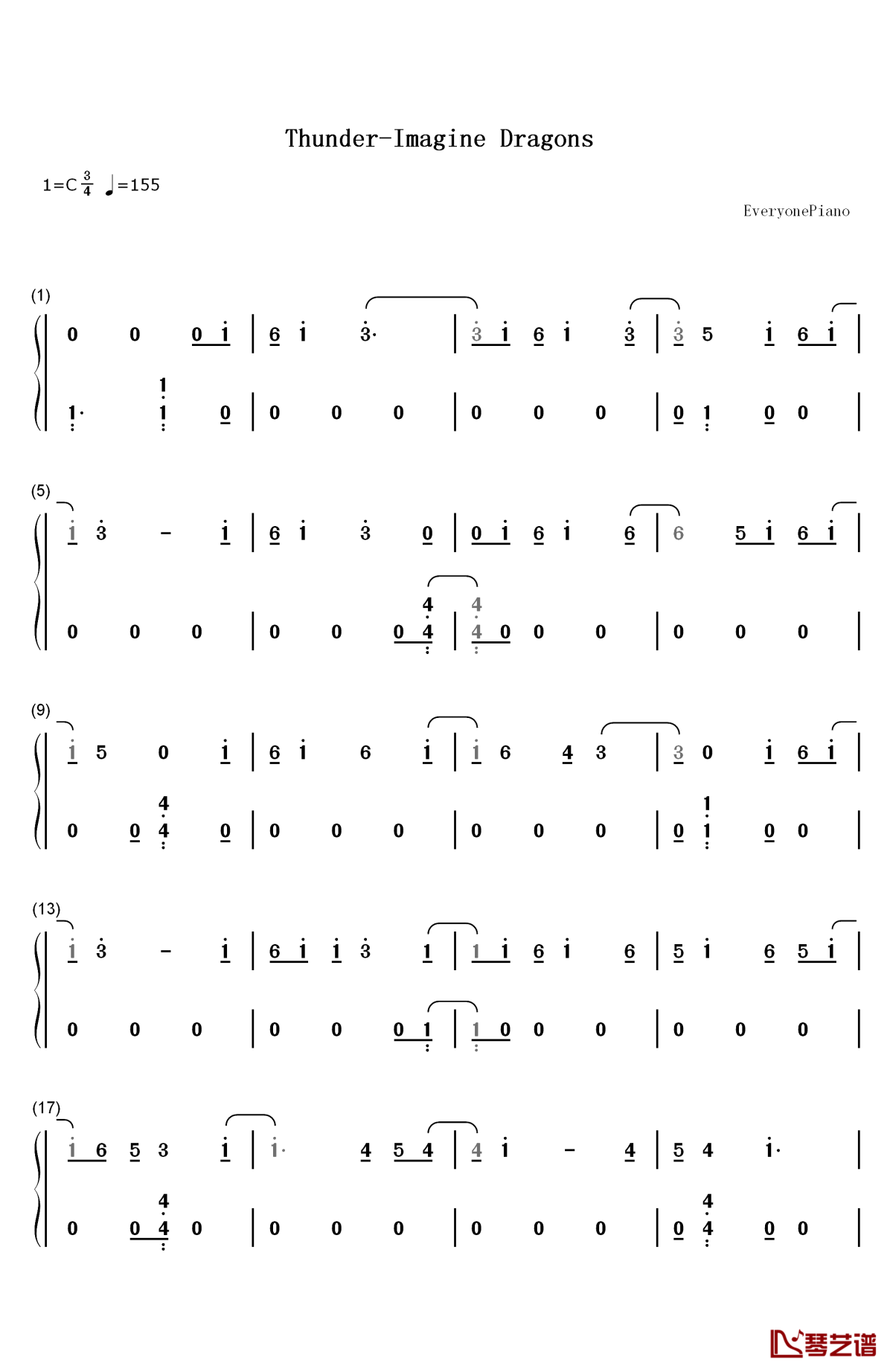 thunder钢琴简谱-数字双手-imagine dragons1