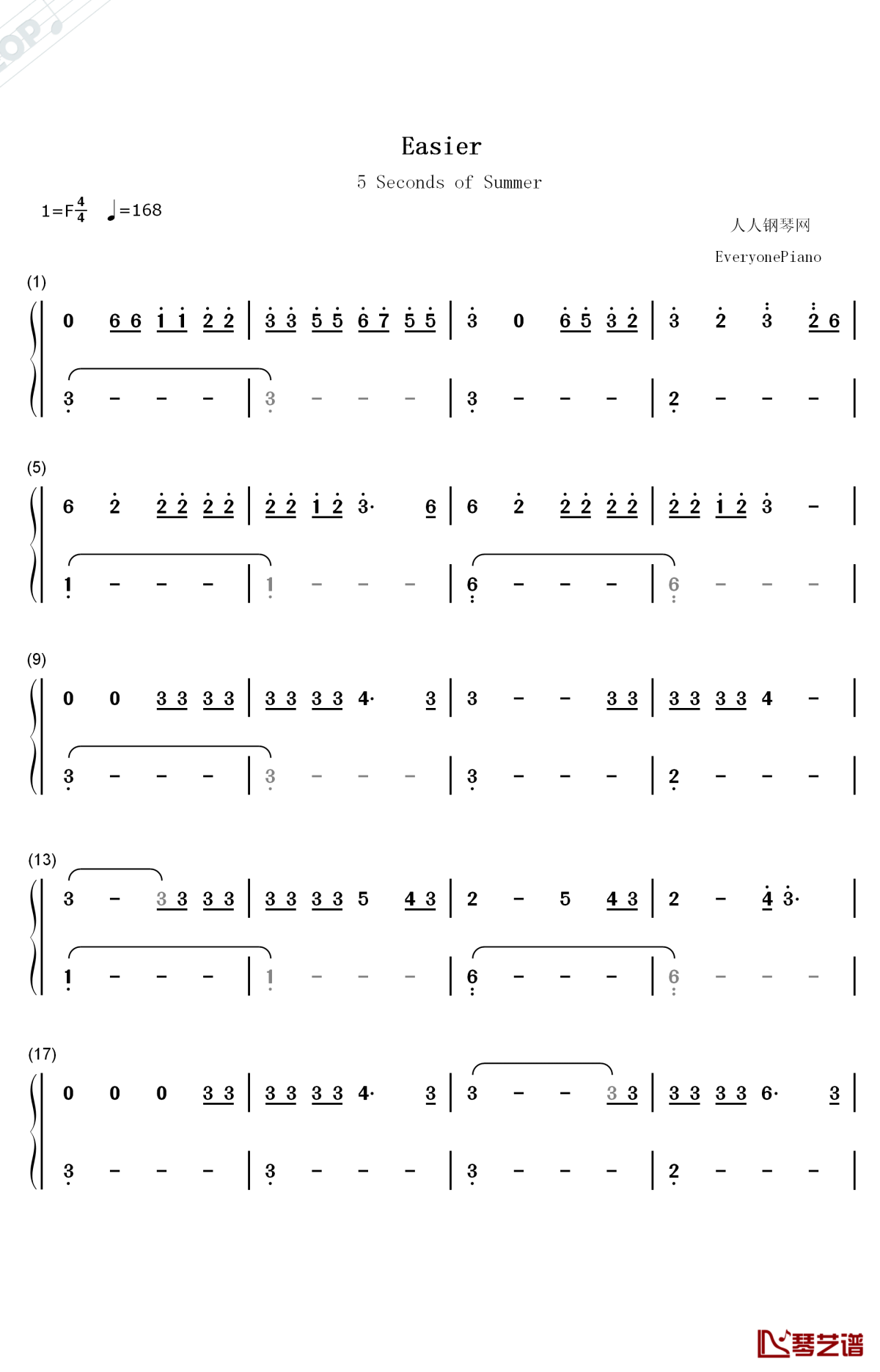 easier钢琴简谱-数字双手-5 seconds of summer1