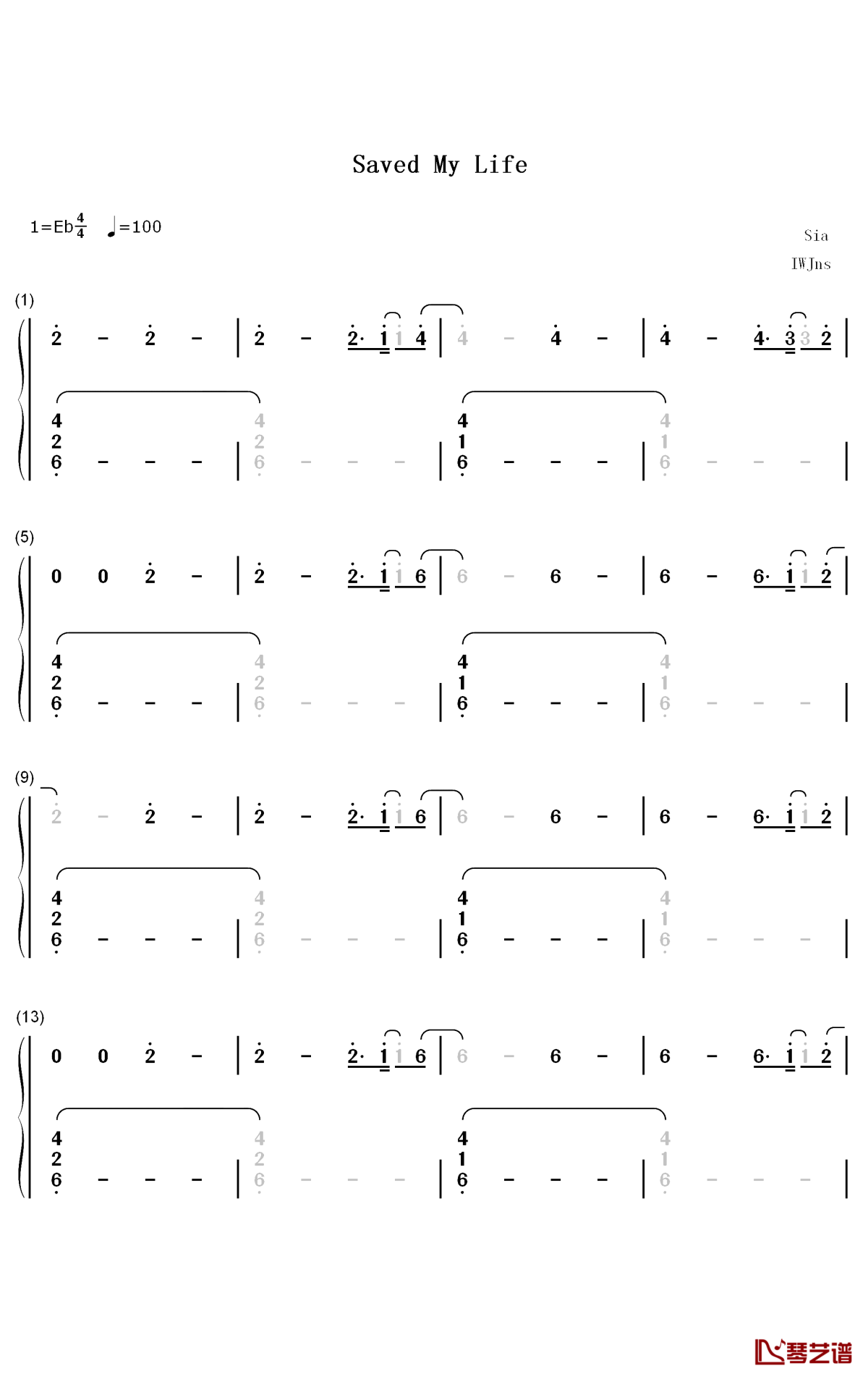 saved my life钢琴简谱-数字双手-sia1