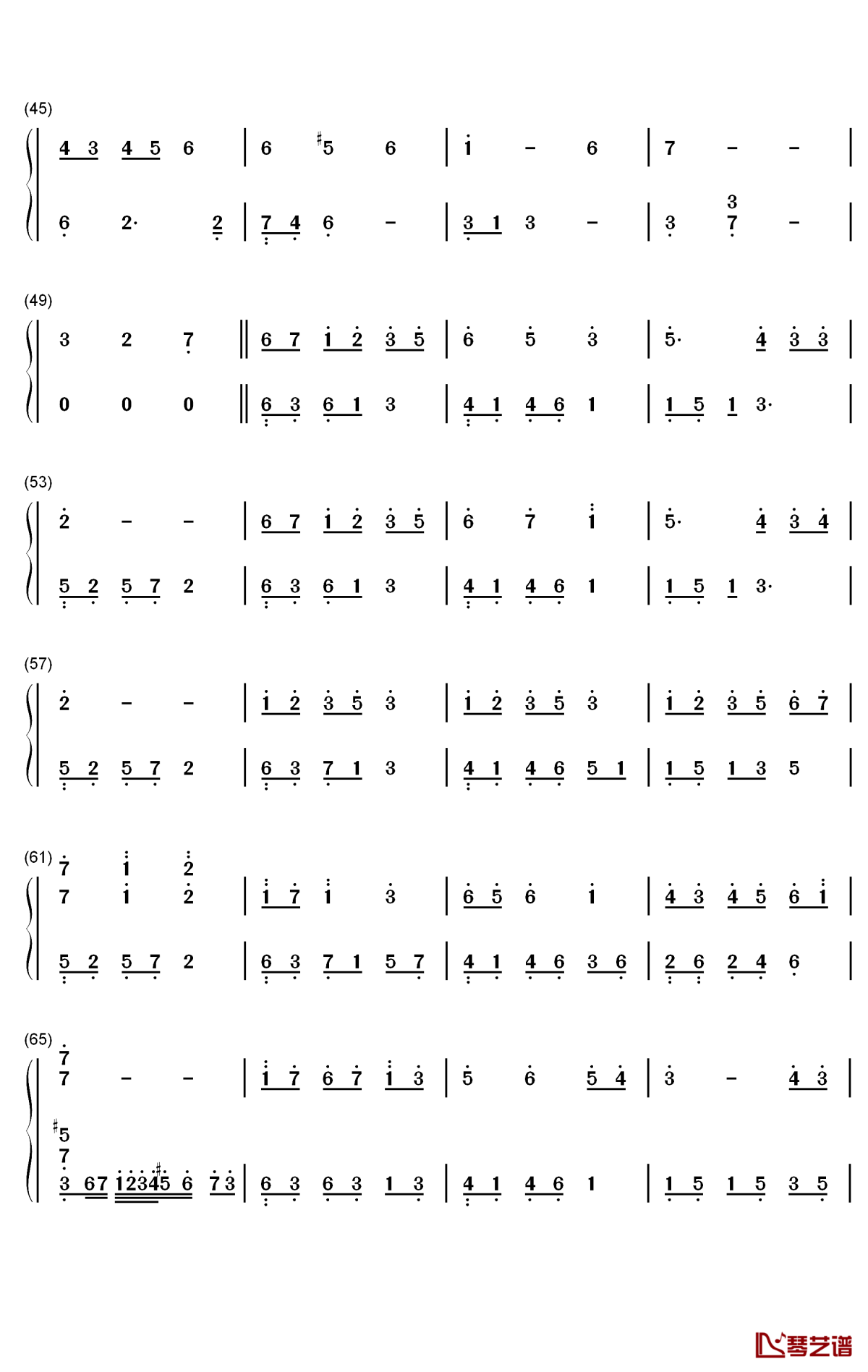 终于钢琴简谱-数字双手-双笙3