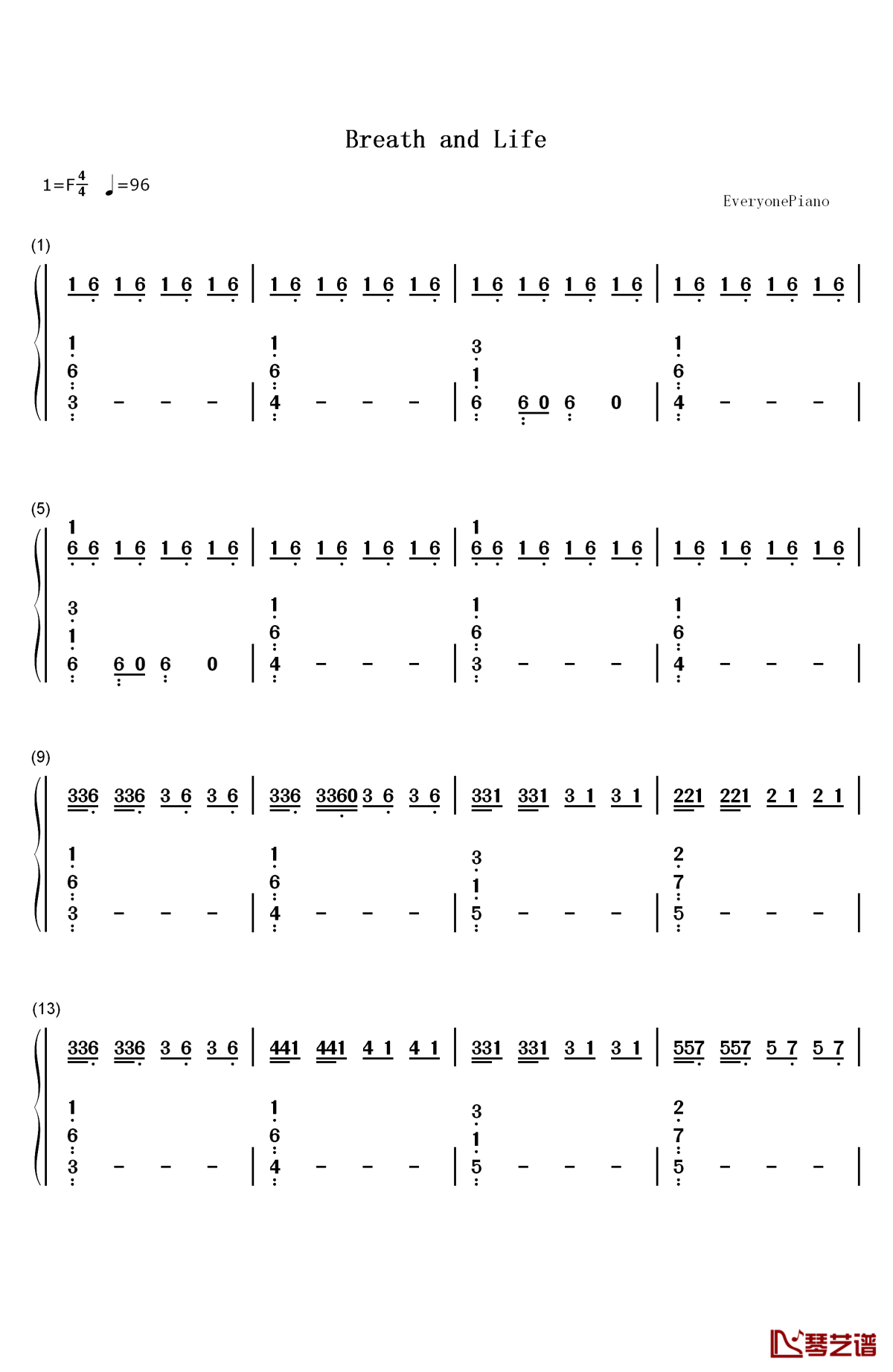 breath and life钢琴简谱-数字双手-audiomachine1