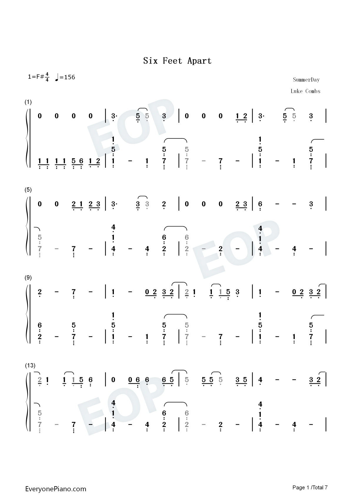 six feet apart钢琴简谱-数字双手-luke combs1