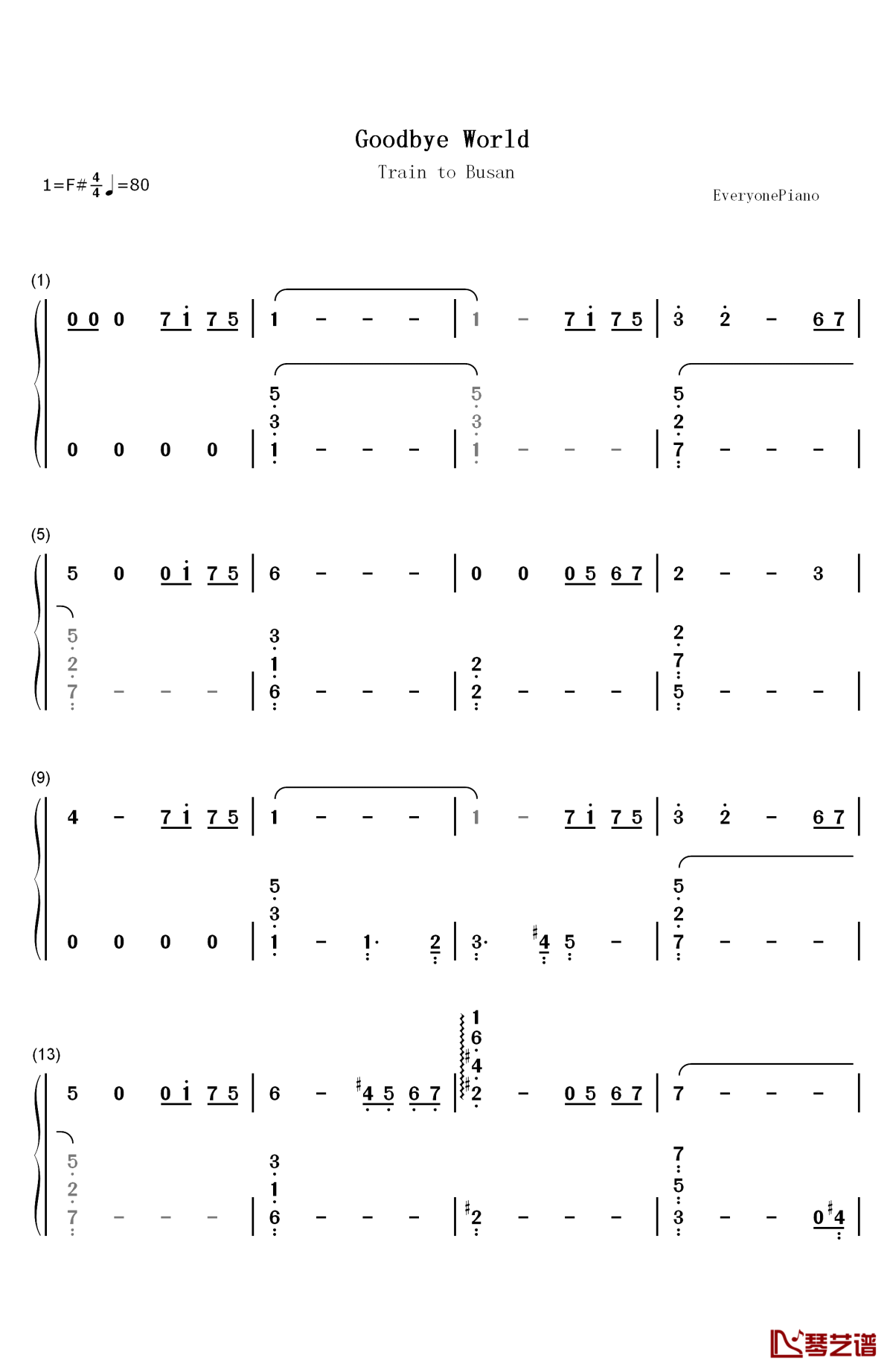 goodbye world钢琴简谱-数字双手-jang young-gyu1