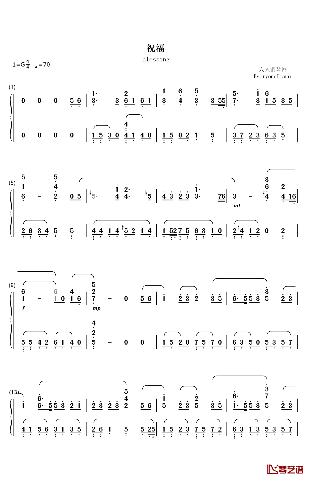 祝福钢琴简谱-数字双手-张学友1