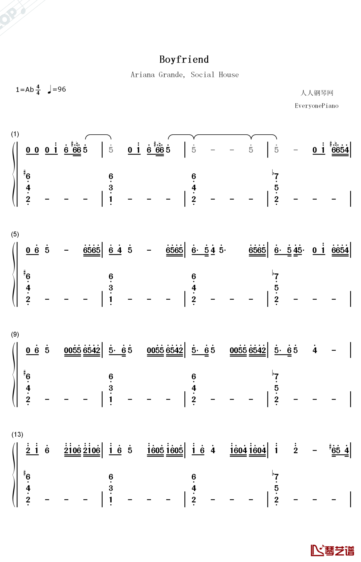boyfriend钢琴简谱-数字双手-ariana grande social house1