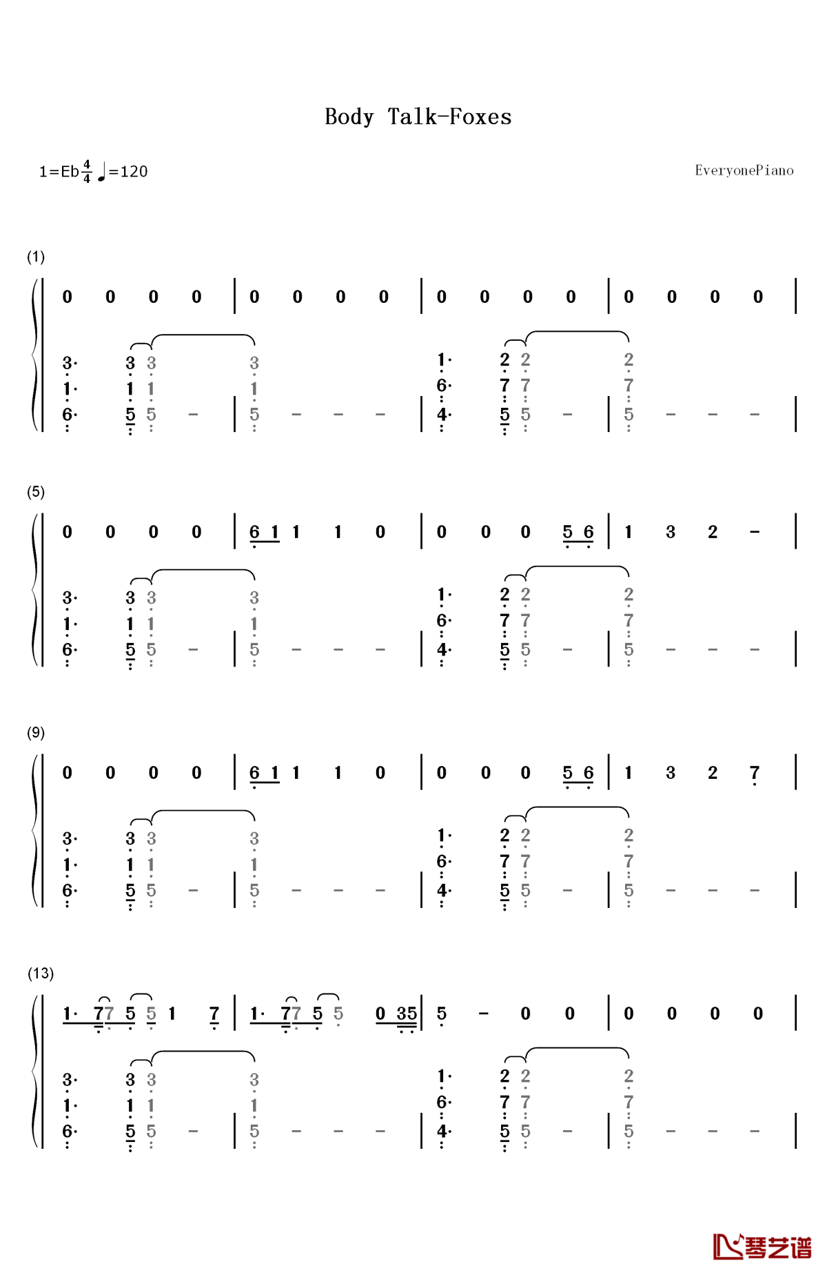 body talk钢琴简谱-数字双手-foxes1