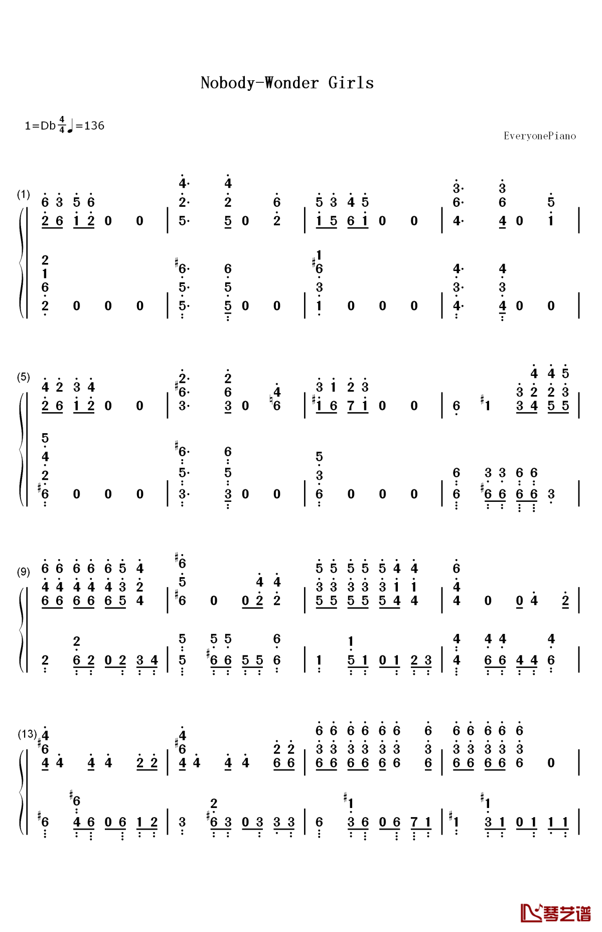 nobody 钢琴简谱-数字双手-wonder girls1