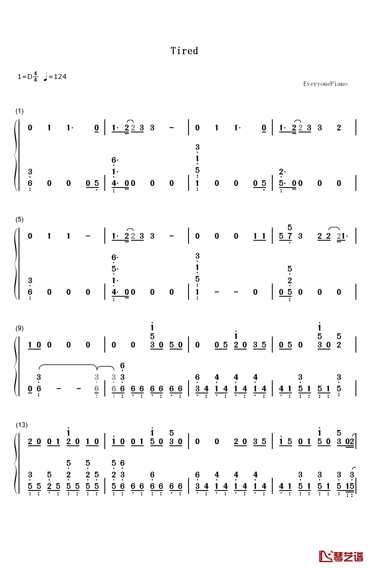 tired钢琴简谱-数字双手-alan walker ft galvin james1