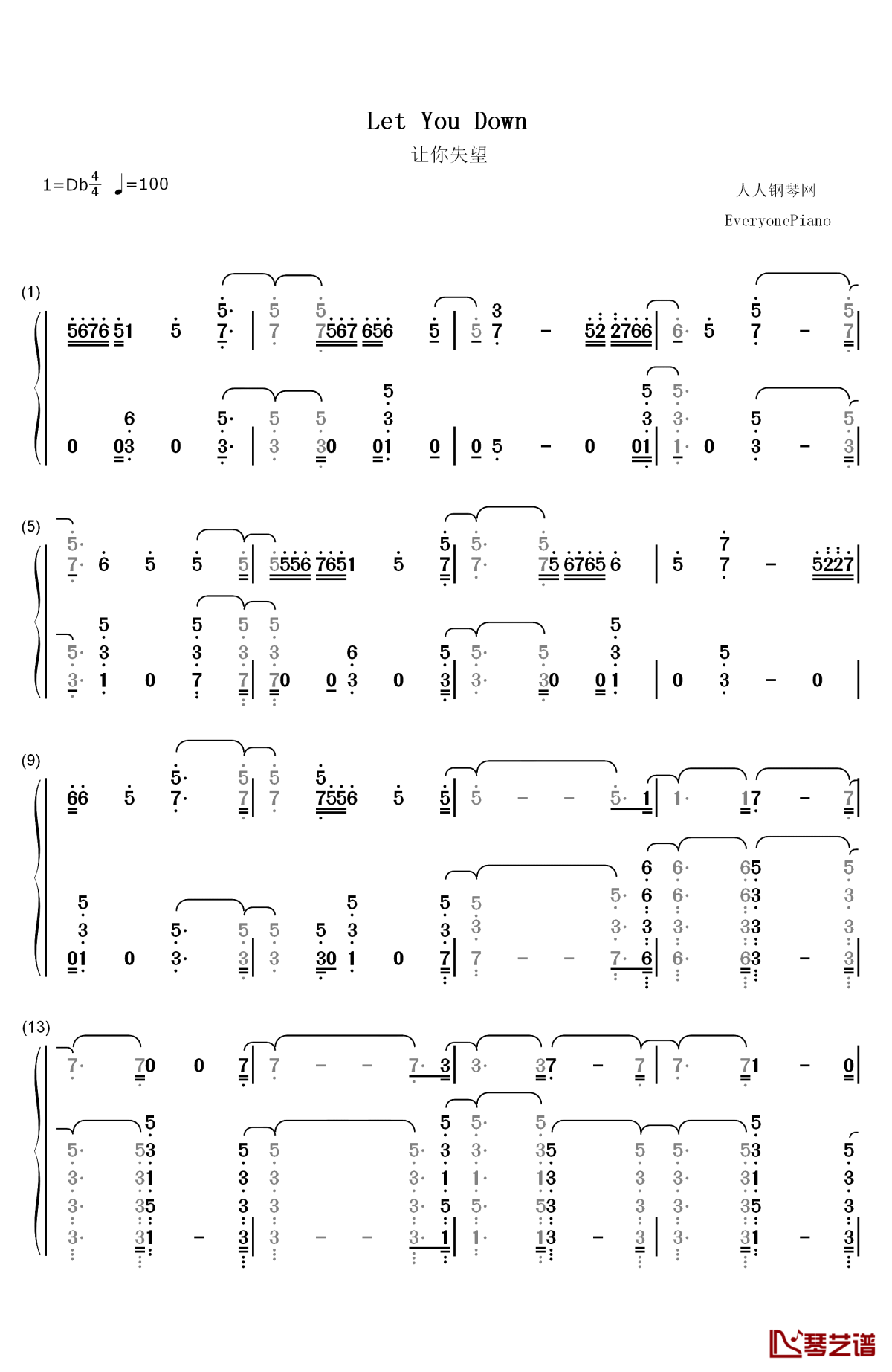 let you down钢琴简谱-数字双手-nf1