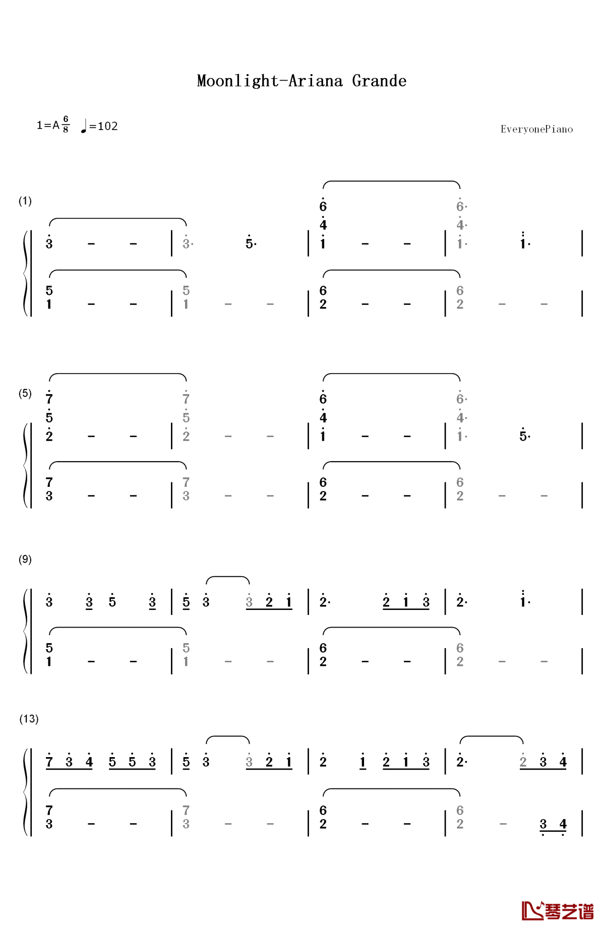 moonlight钢琴简谱-数字双手-ariana grande1