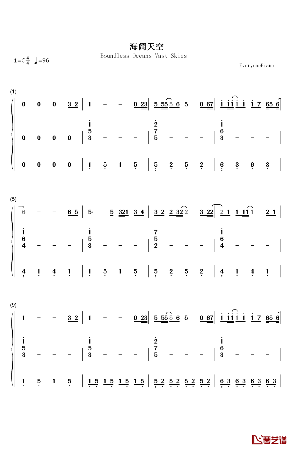 海阔天空伴奏版钢琴简谱-数字双手-beyond1