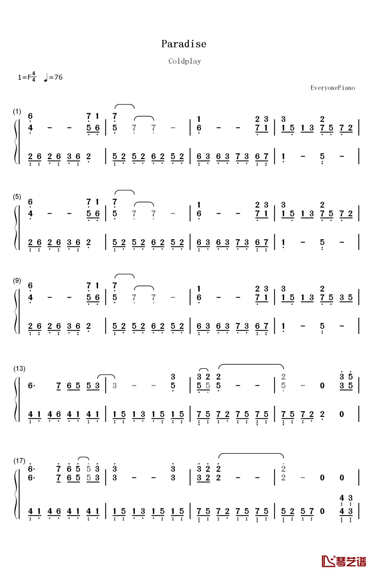 paradise钢琴简谱-数字双手-coldplay1