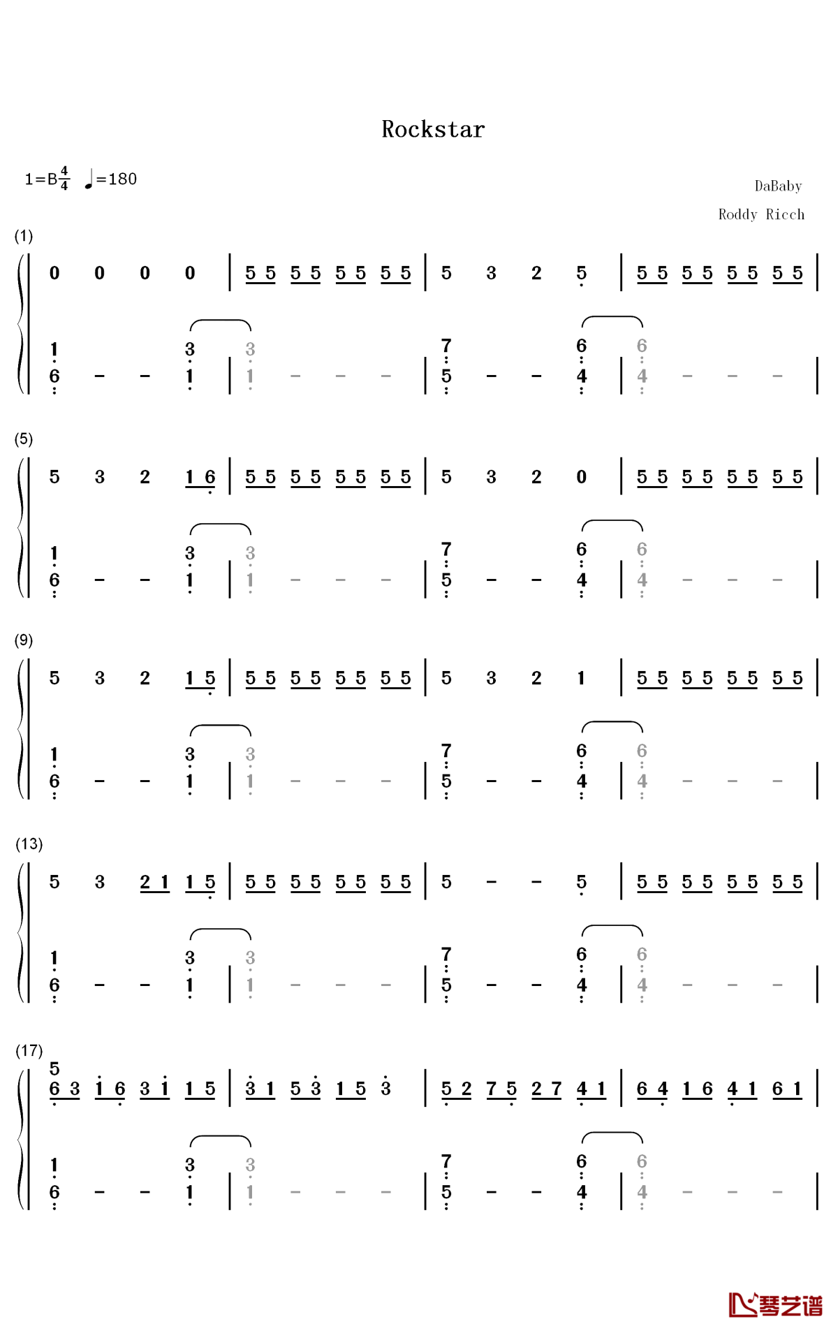 rockstar钢琴简谱-数字双手-dababy roddy ricch1