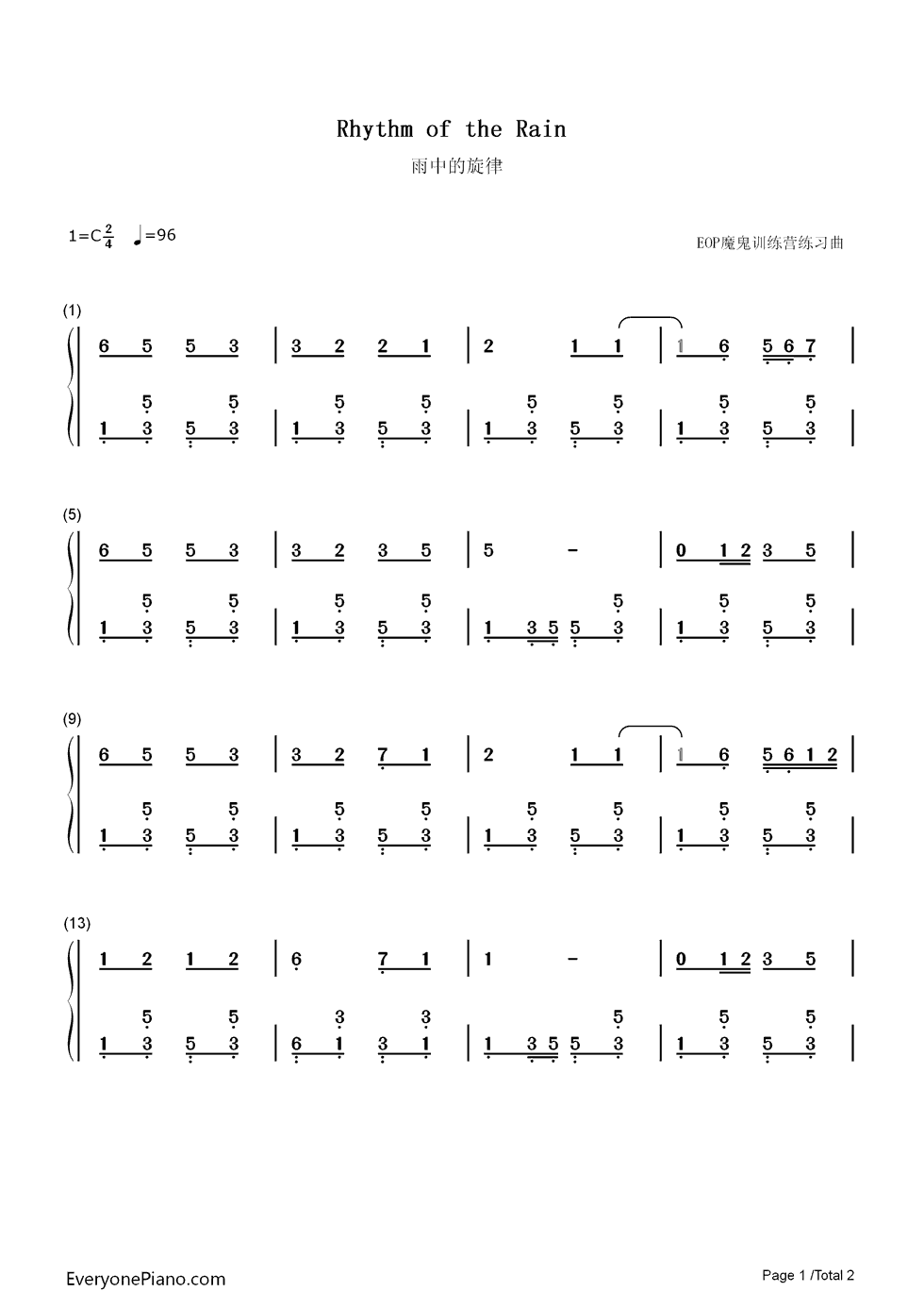 rhythm of the rain钢琴简谱-数字双手-the cascades（瀑布合唱团）1