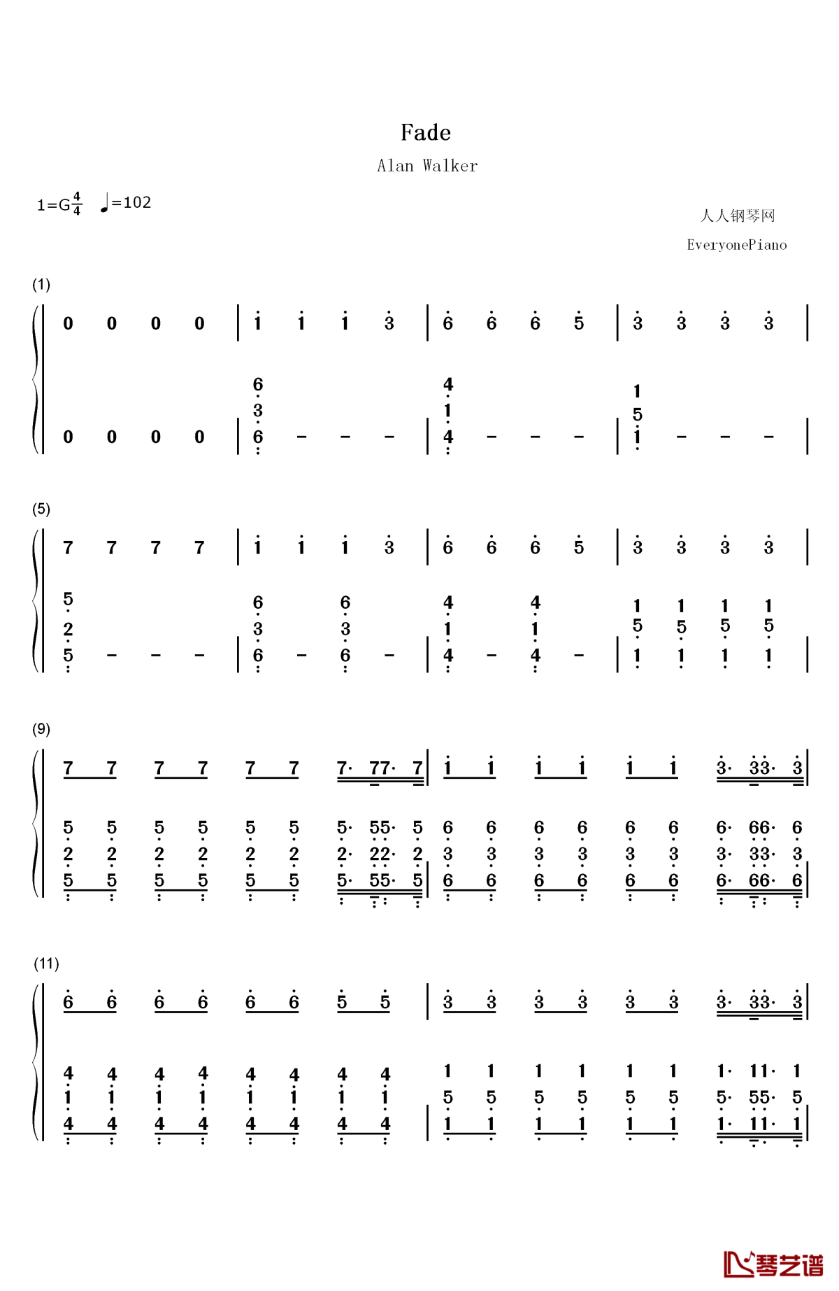 fade钢琴简谱-数字双手-alan walker1