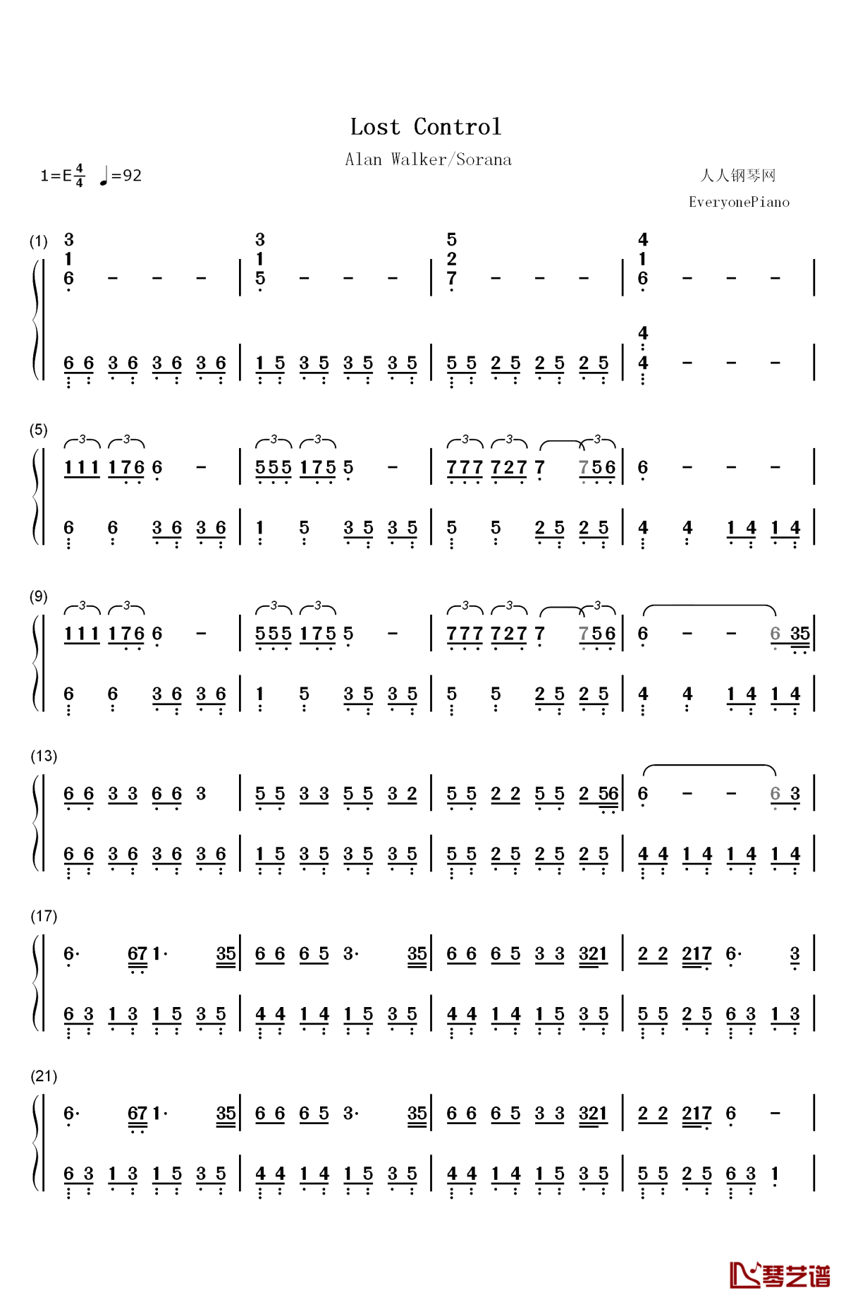 lost control钢琴简谱-数字双手-alan walker sorana1