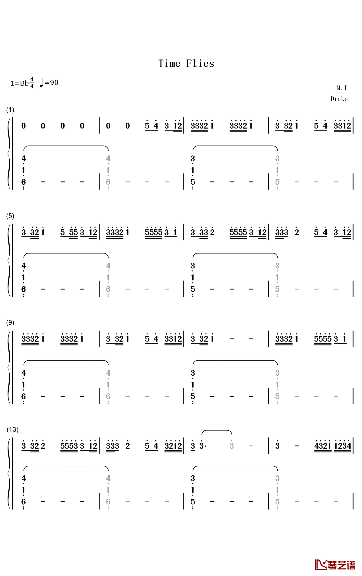 time flies钢琴简谱-数字双手-drake1