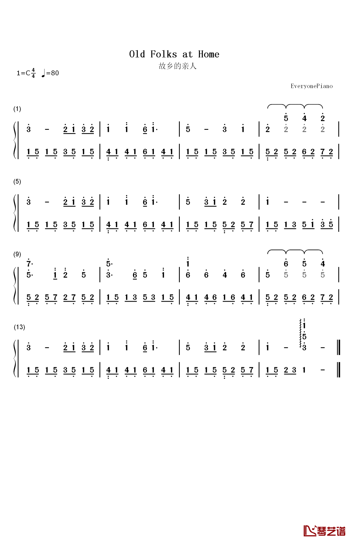 故乡的亲人钢琴简谱-数字双手-福斯特1