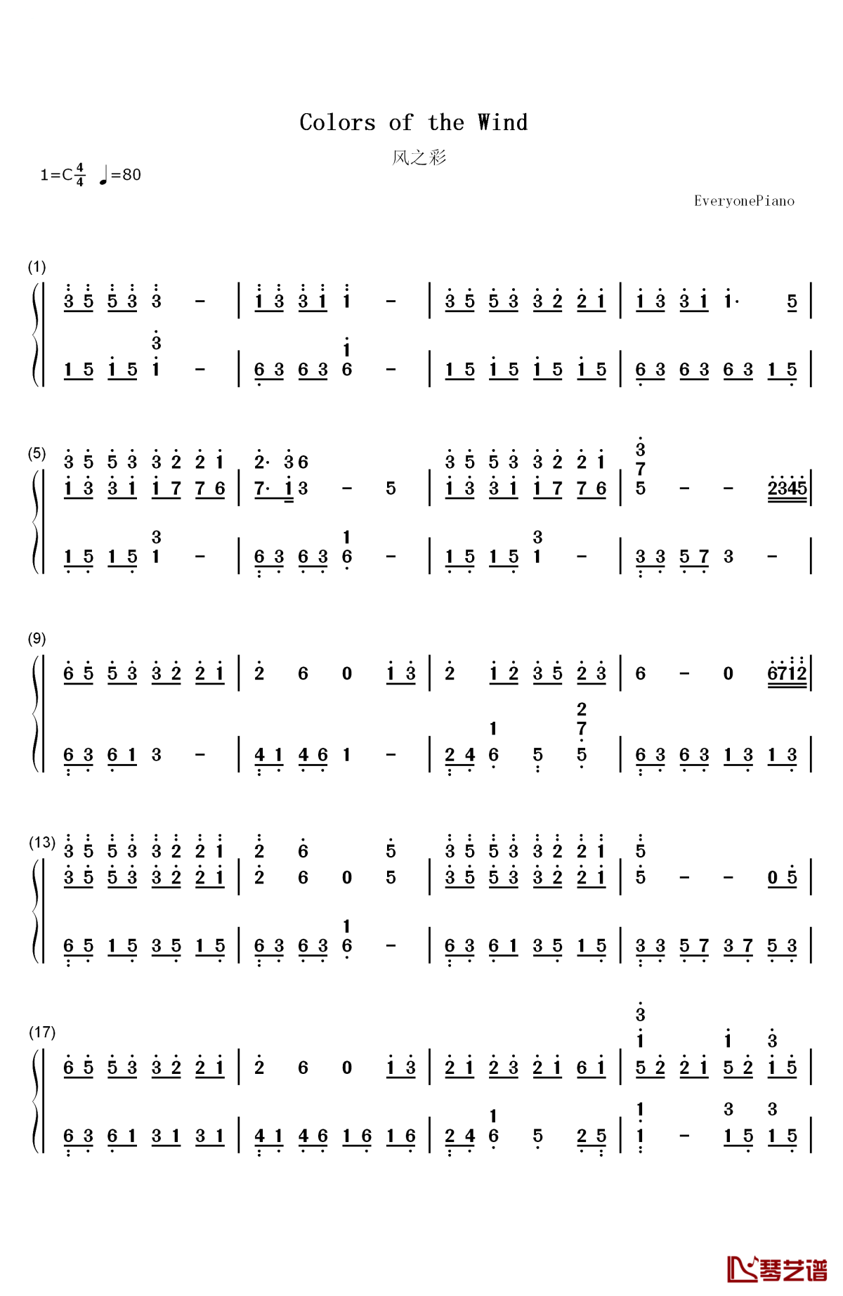 colors of the wind钢琴简谱-数字双手-vanessa williams　 凡妮莎·威廉斯1