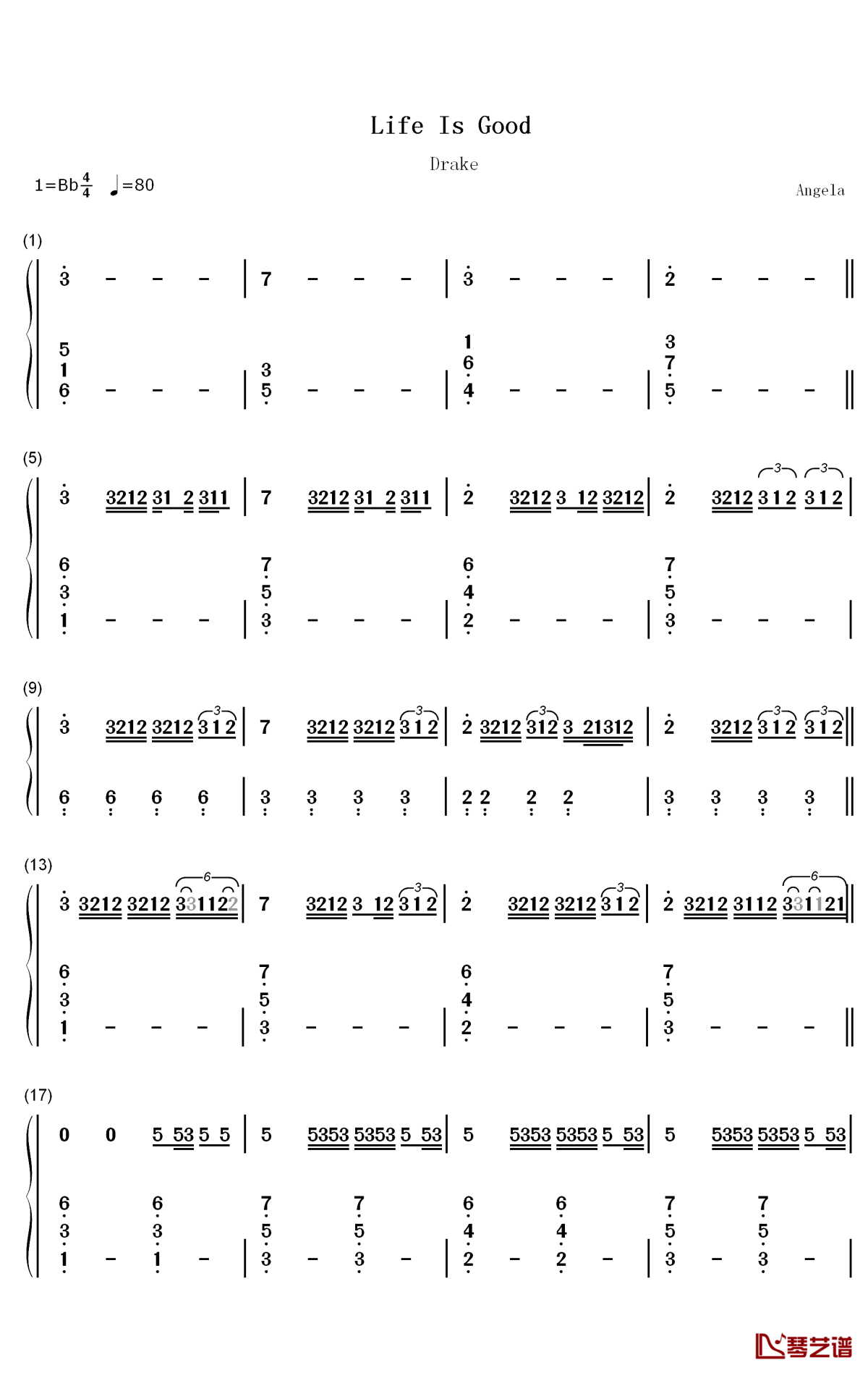 life is good钢琴简谱-数字双手-future drake1
