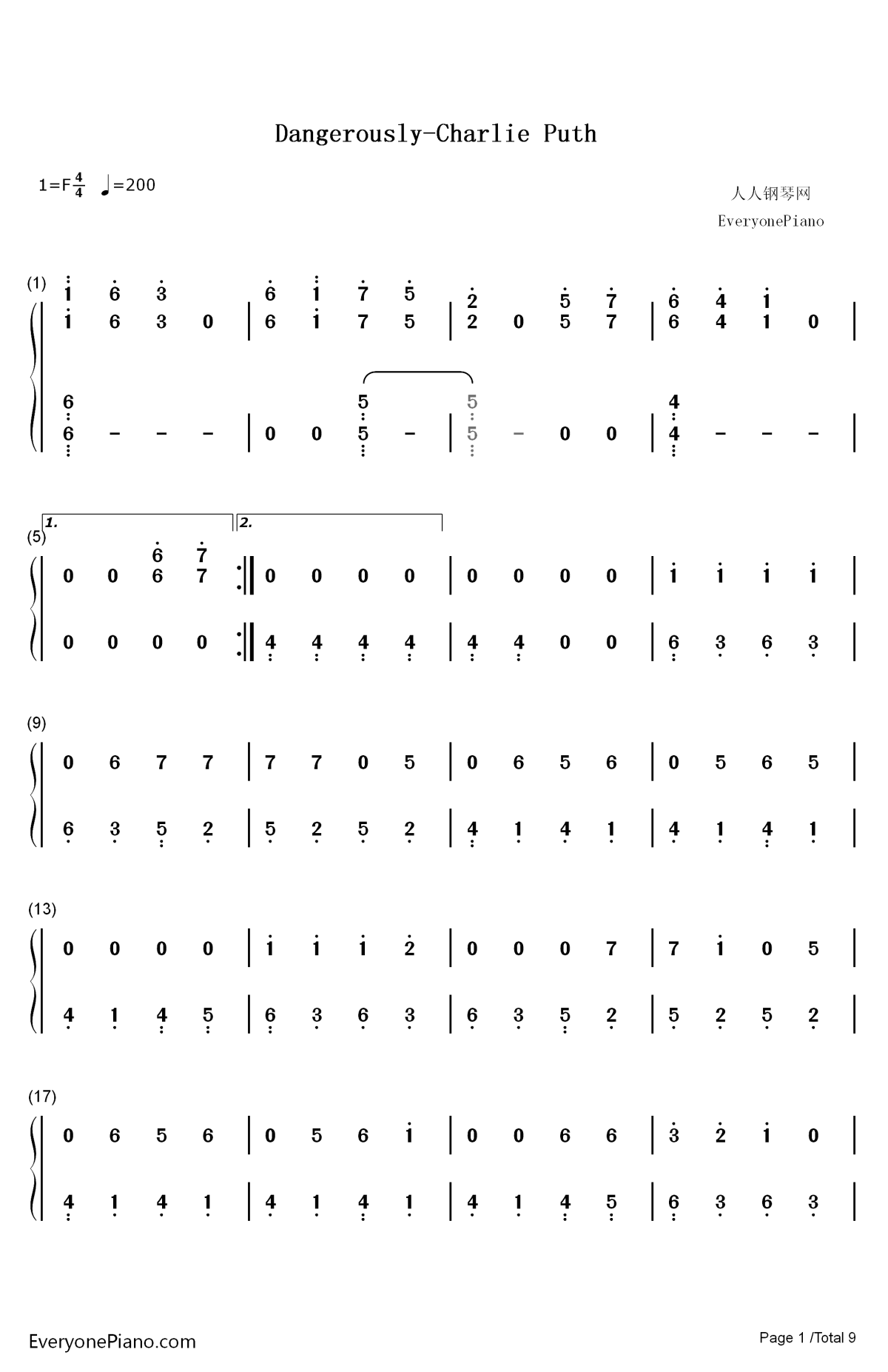 dangerously钢琴简谱-数字双手-charlie puth1