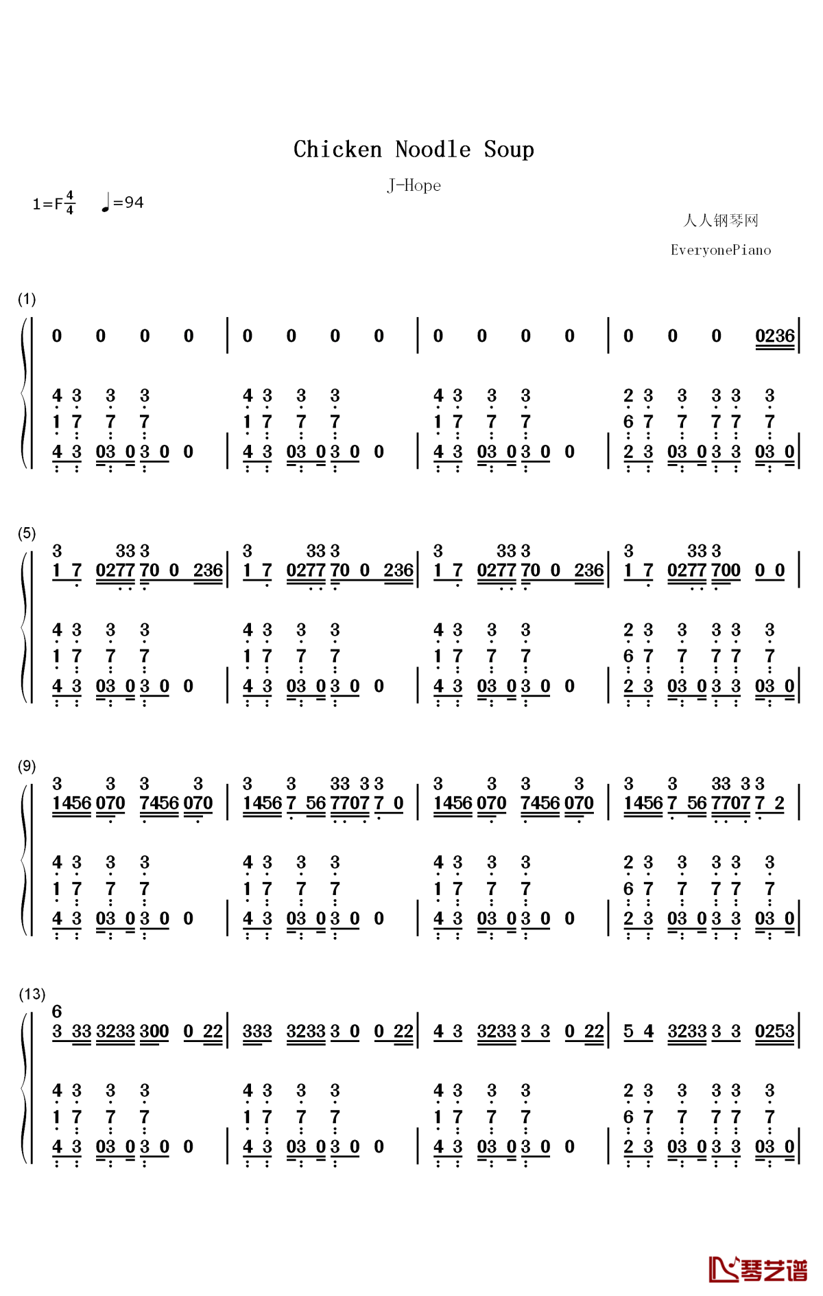 chicken noodle soup钢琴简谱-数字双手-j-hope1