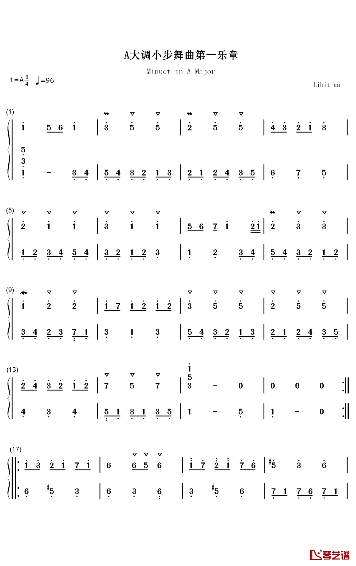 a大调小步舞曲钢琴简谱-数字双手-idw哒1