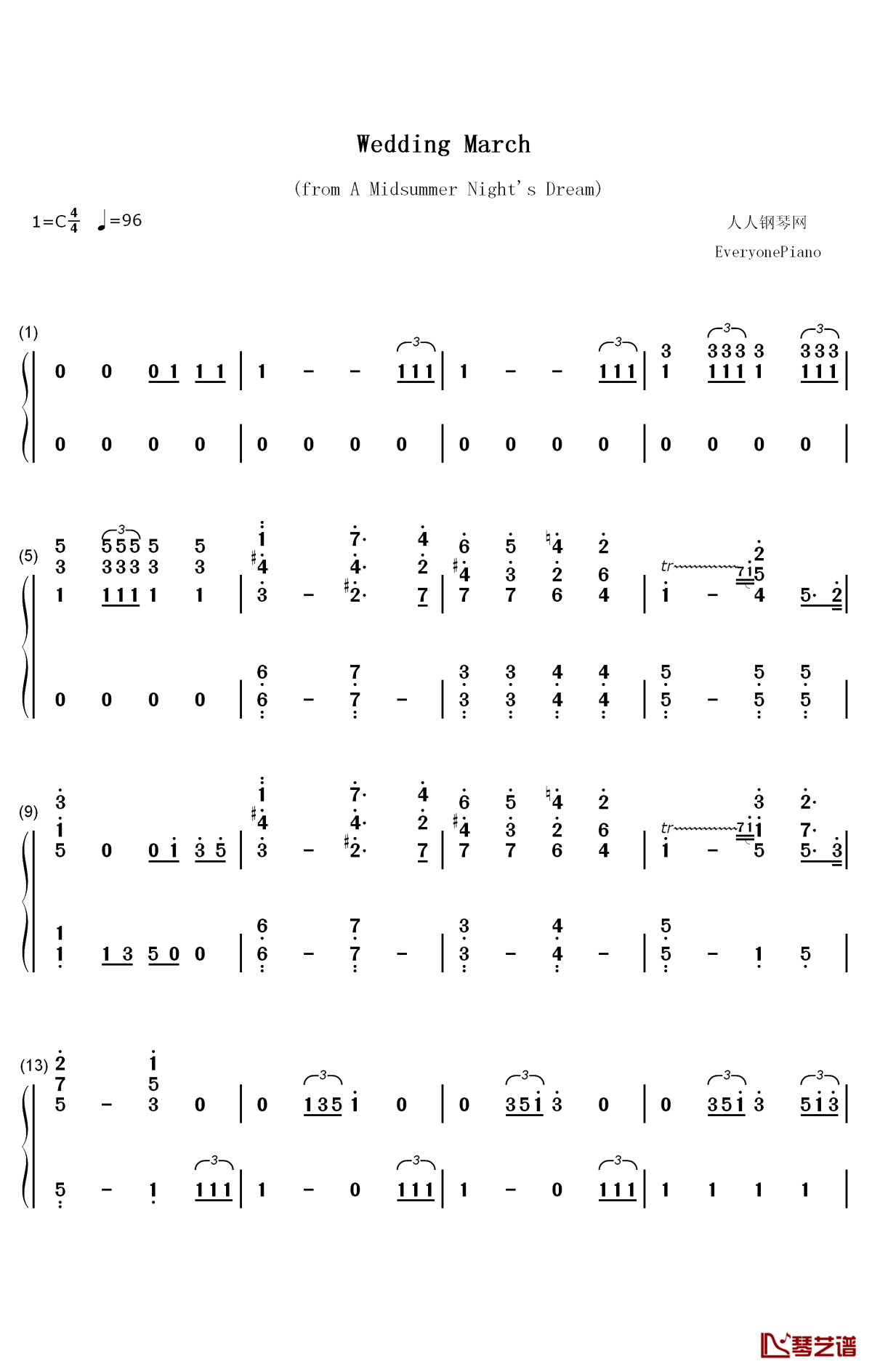 wedding march钢琴简谱-数字双手-门德尔松1