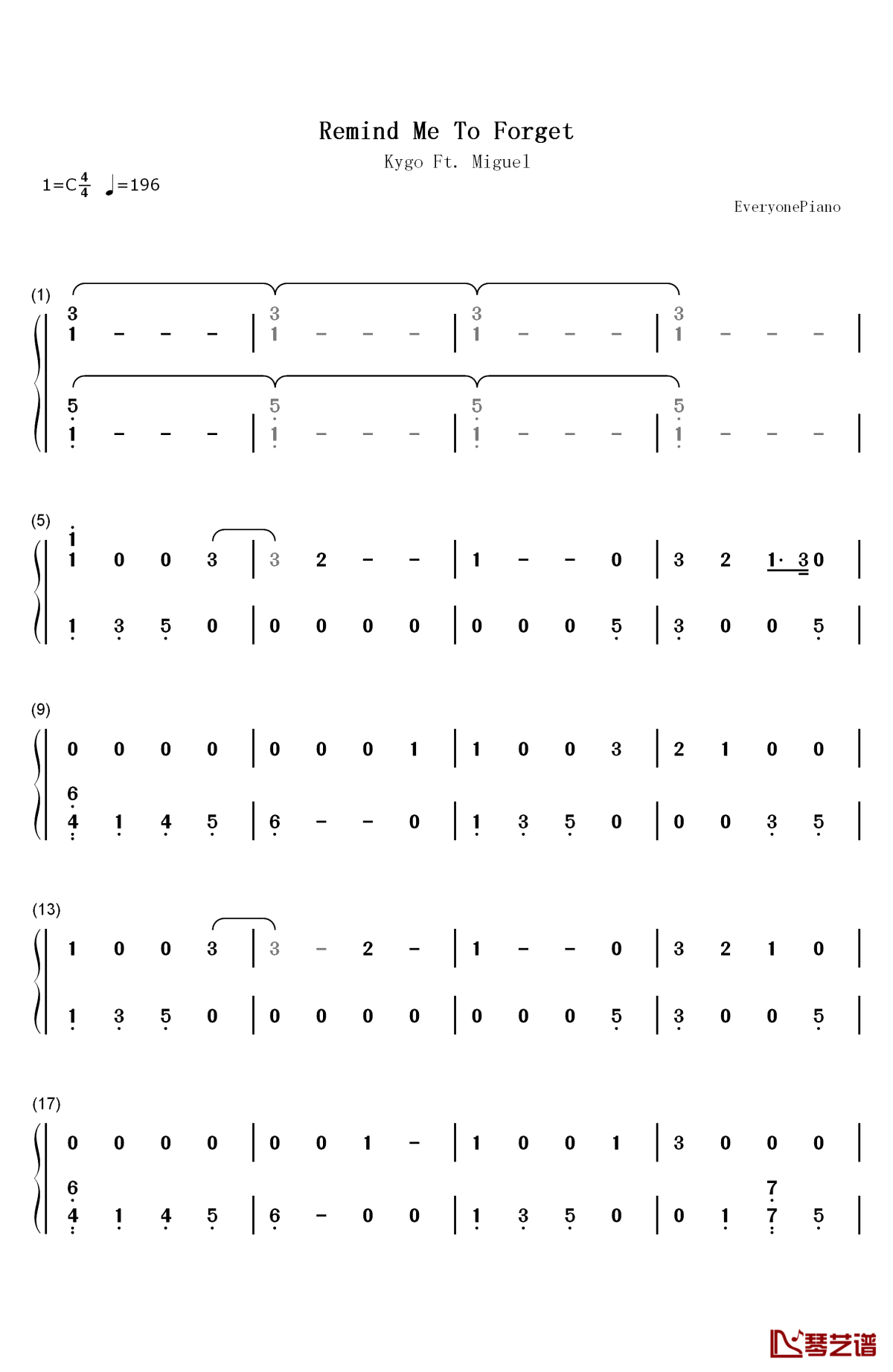 remind me to forget钢琴简谱-数字双手-kygo miguel1