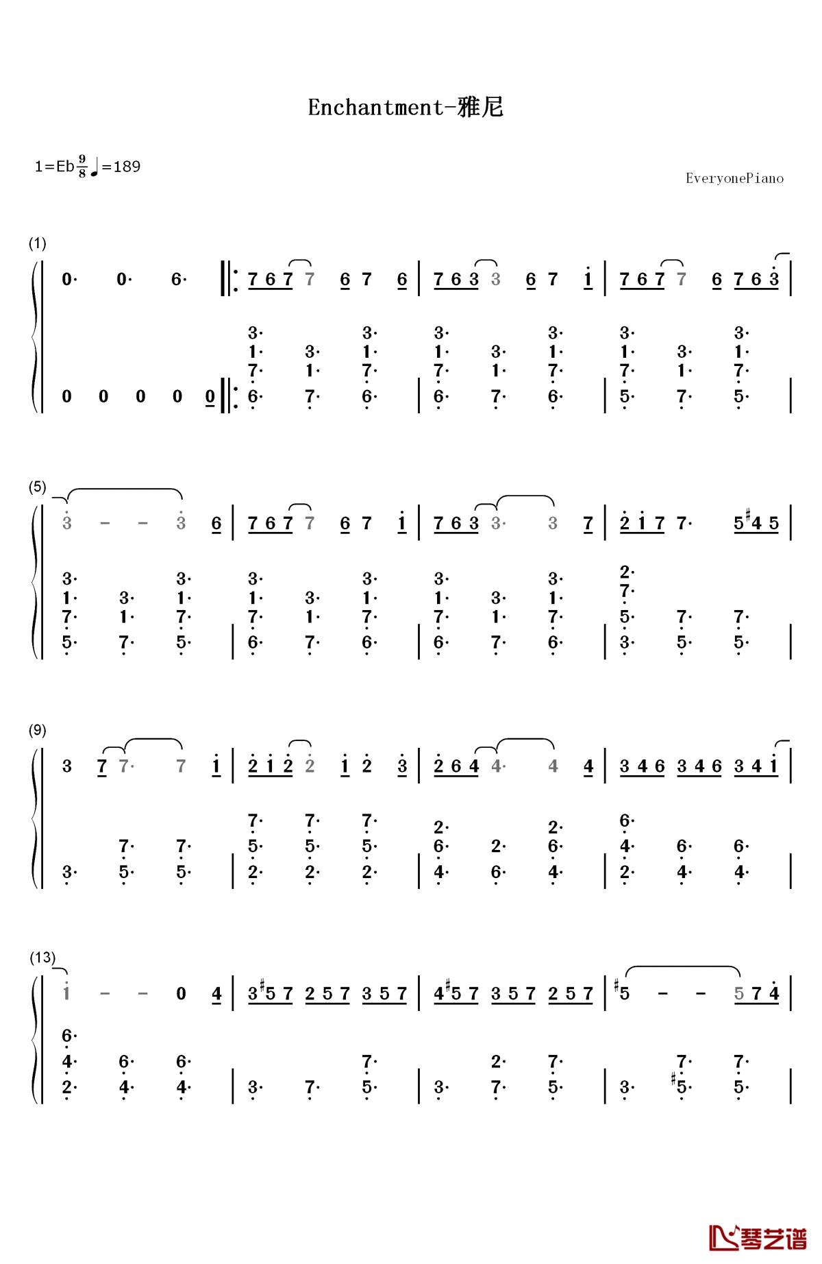 enchantment钢琴简谱-数字双手-雅尼1