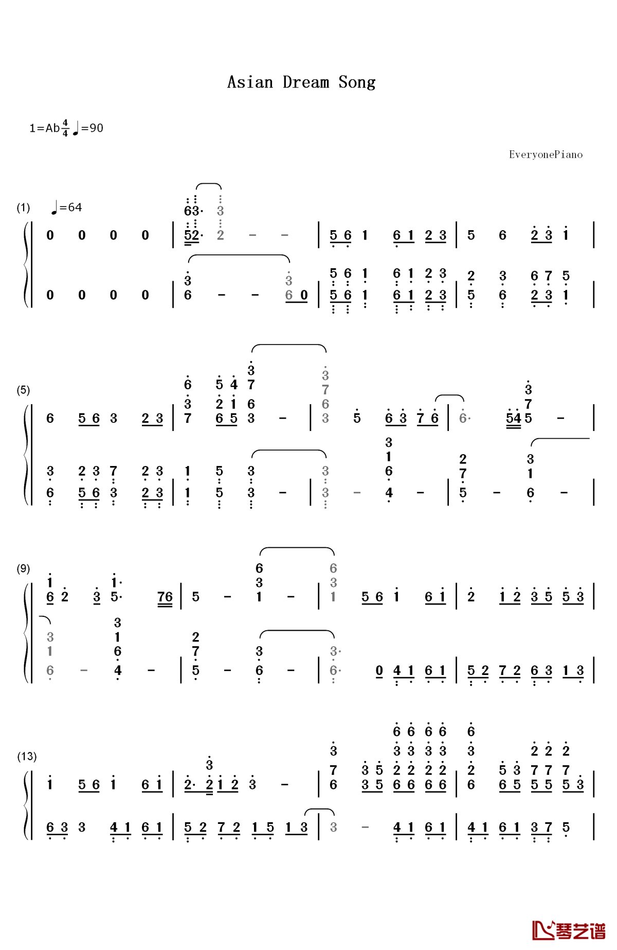 asian dream song钢琴简谱-数字双手-久石让1