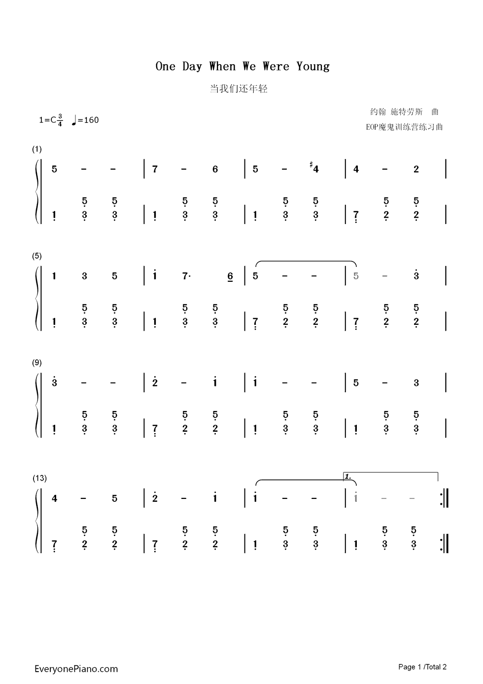 one day when we were young钢琴简谱-数字双手-约翰·施特劳斯1