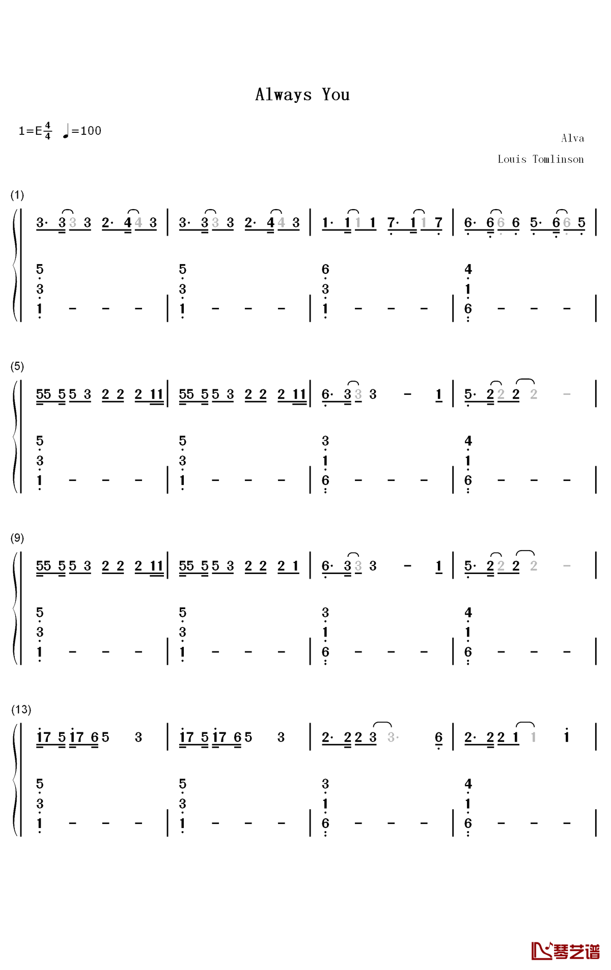 always you钢琴简谱-数字双手-louis tomlinson1