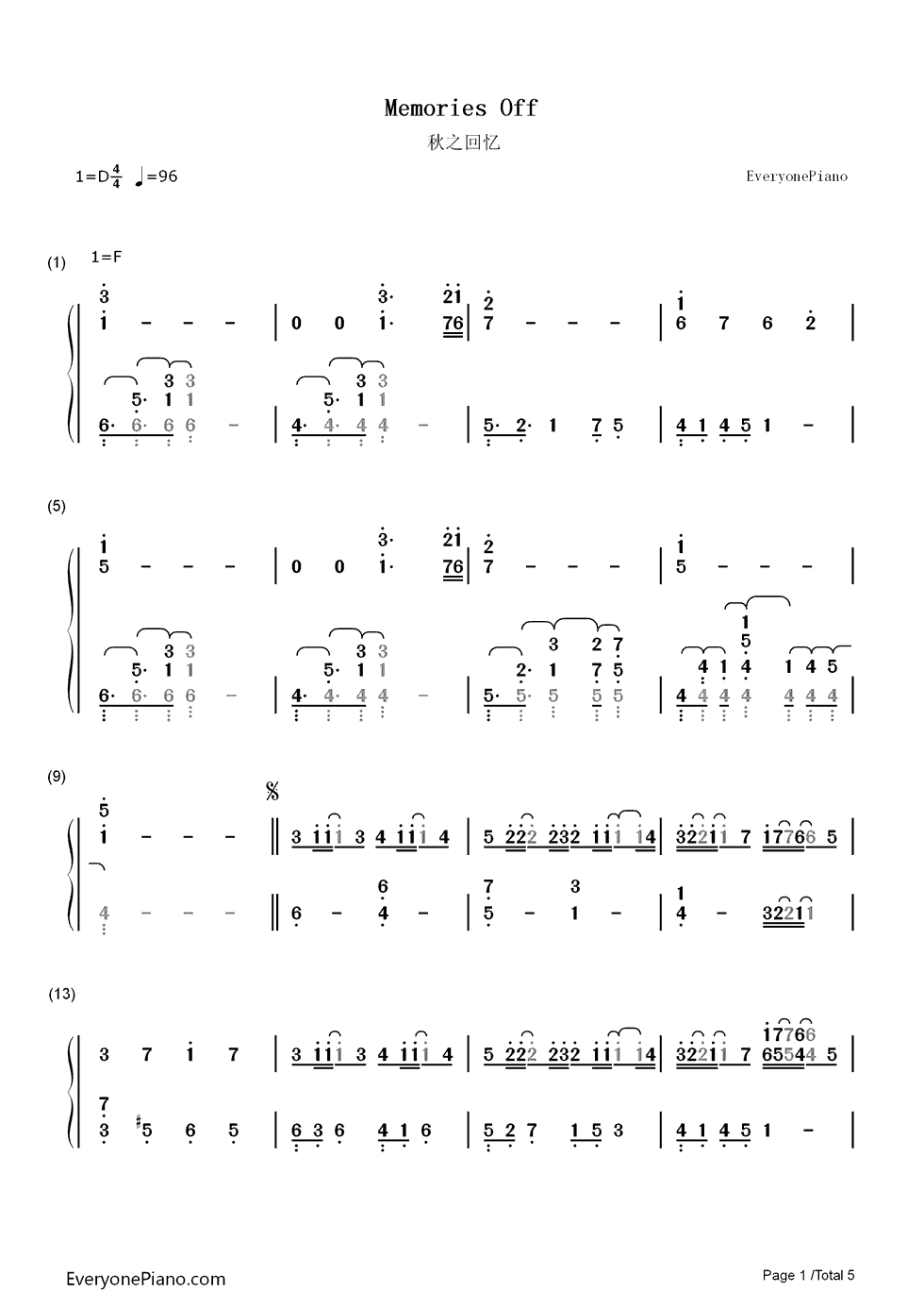 秋之回忆钢琴简谱-数字双手-秋之回忆1