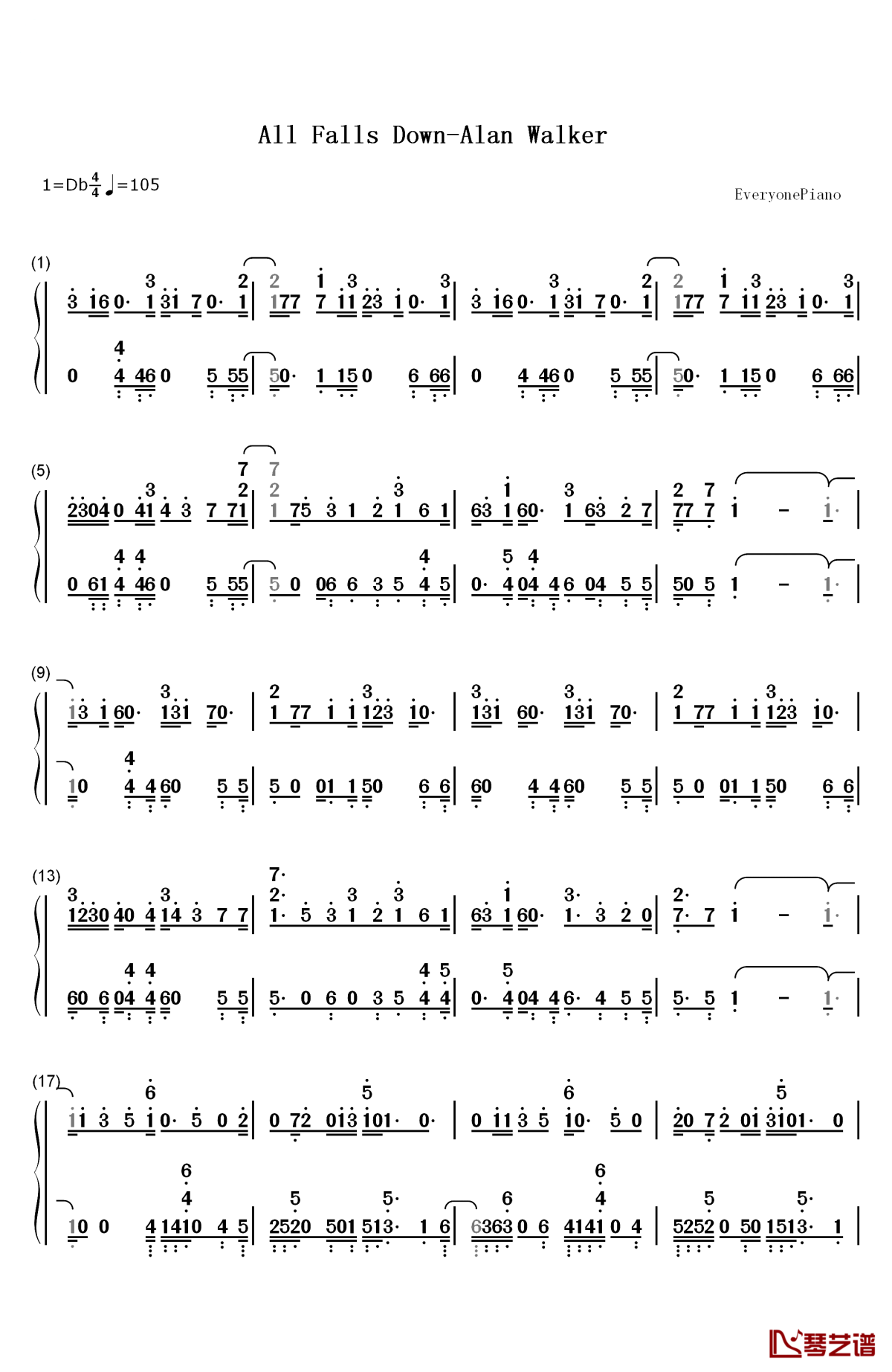 all falls down钢琴简谱-数字双手-alan walker1