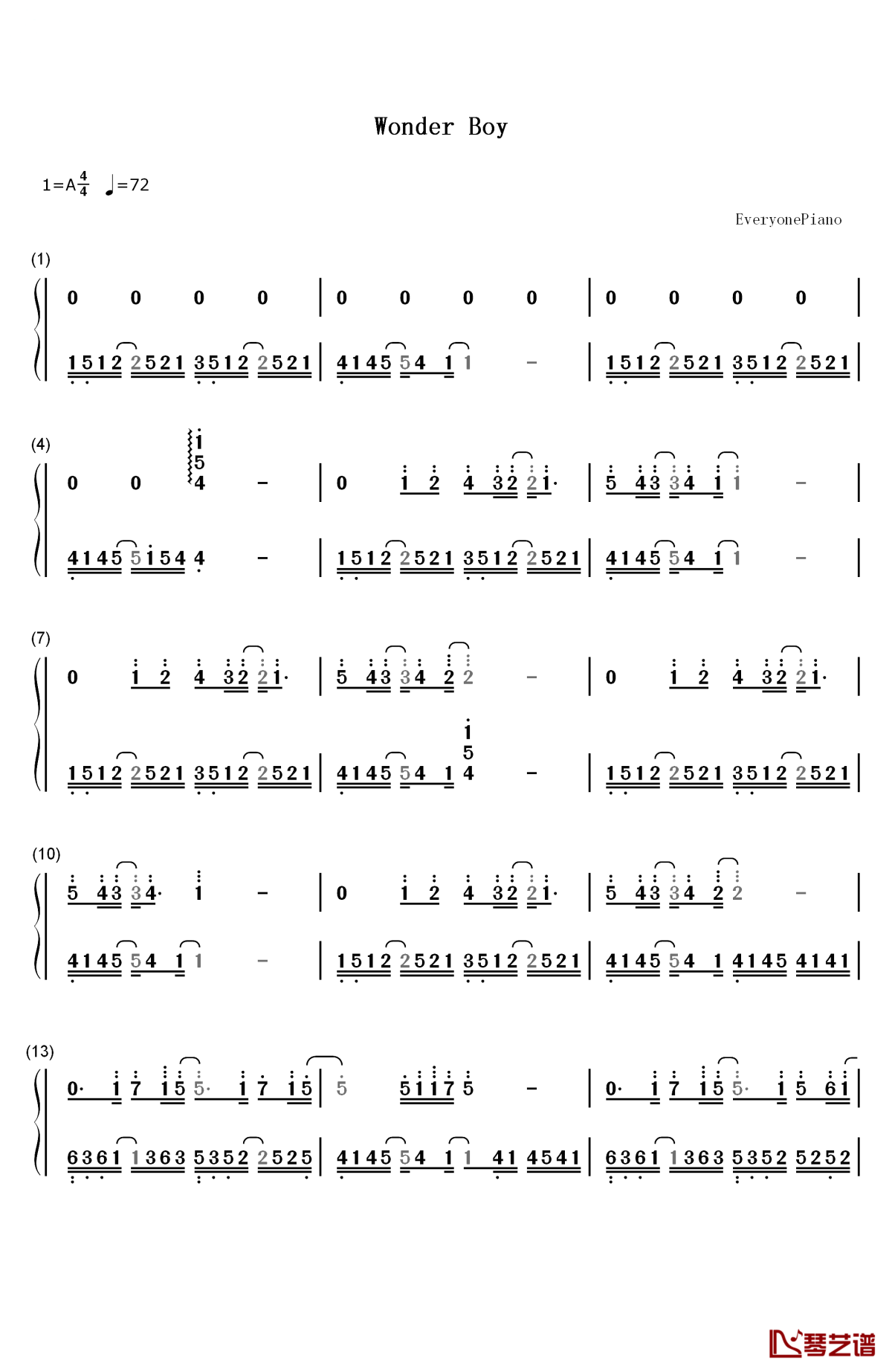 wonder boy钢琴简谱-数字双手-yiruma1
