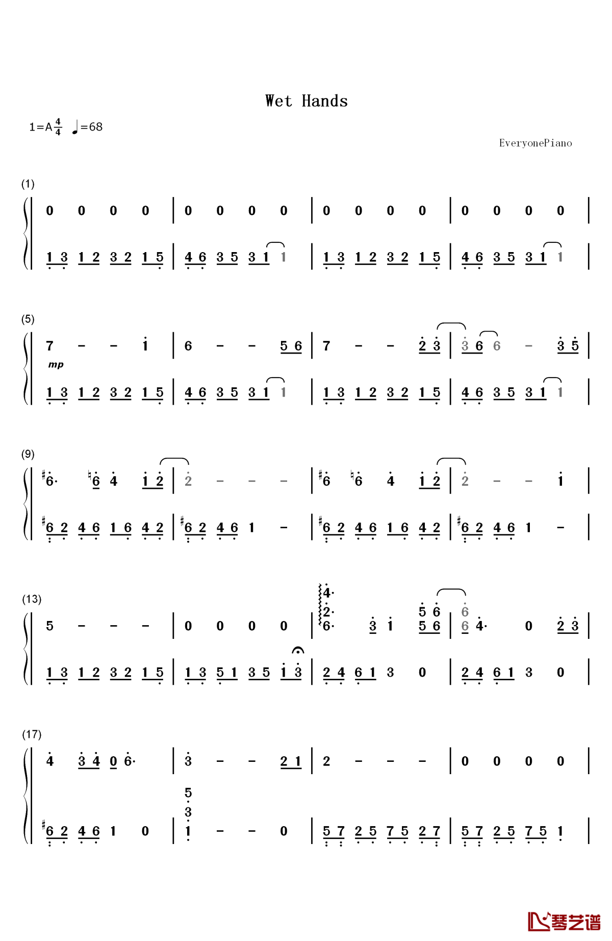 wet hands钢琴简谱-数字双手-丹尼尔·罗森菲尔德c4181